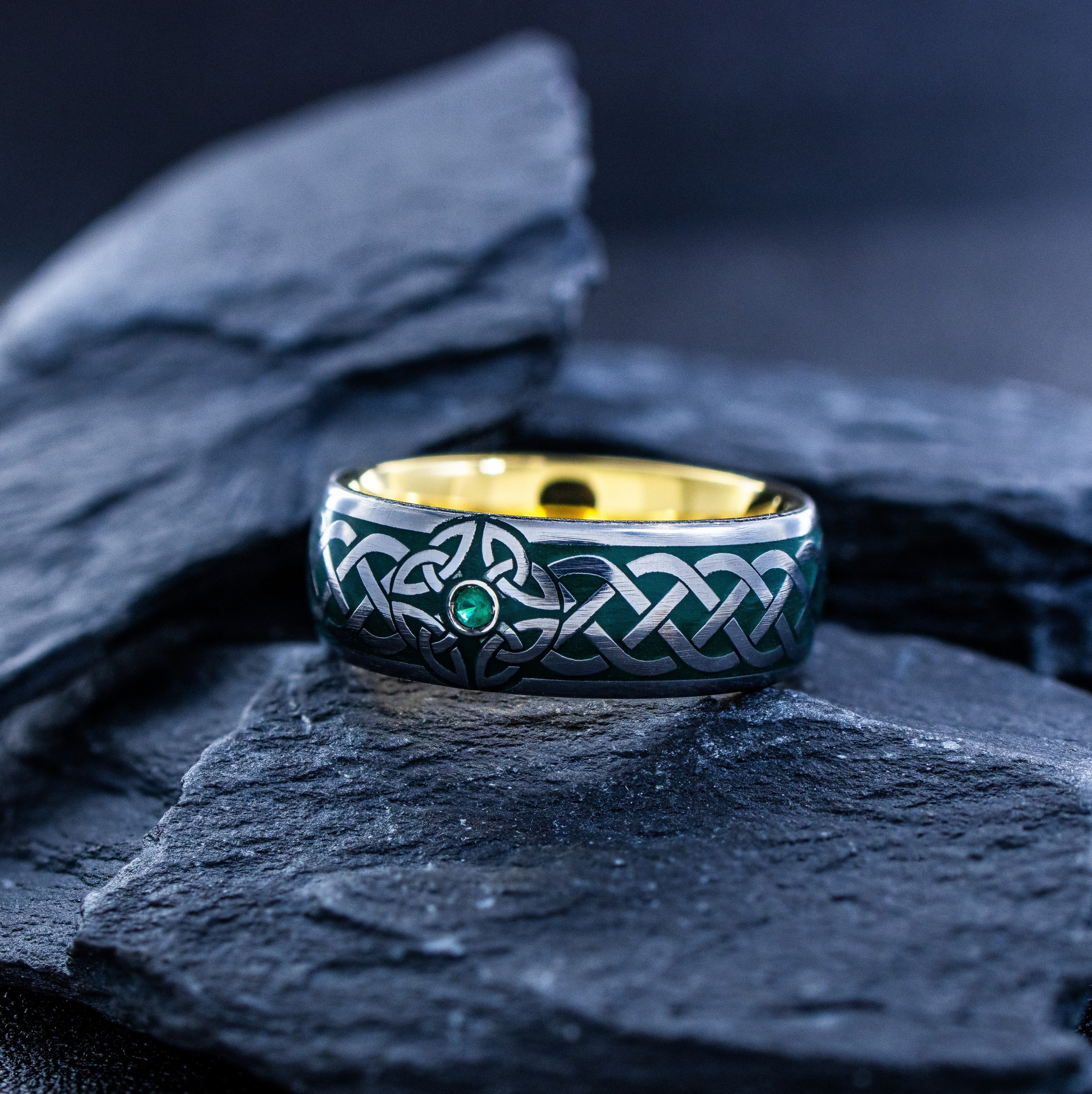 Celtic Knot and Gemstone Tungsten Ring with Dark Green Enamel, 8mm Yellow Gold Plated Tungsten Carbide Band