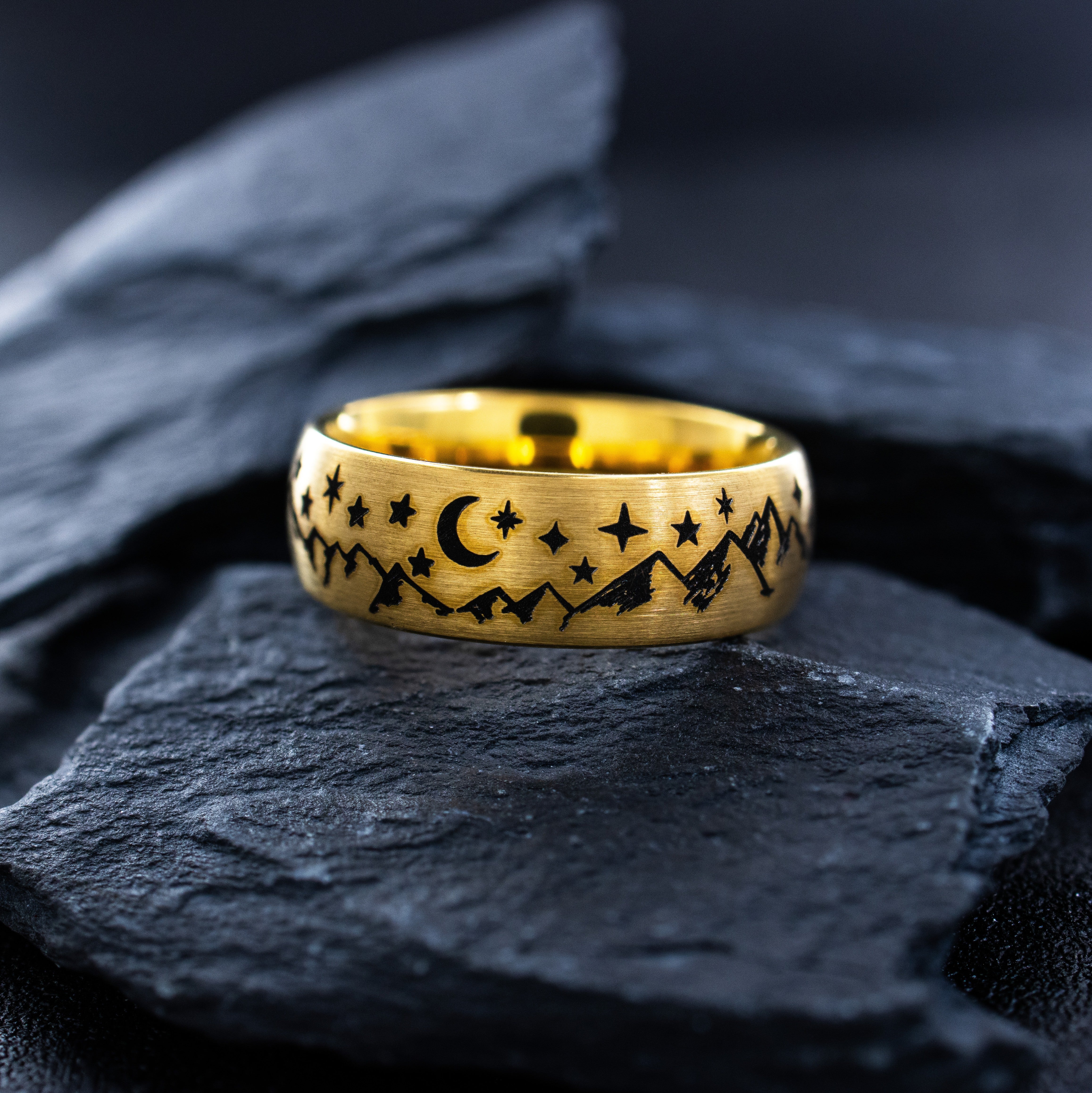 8mm Black Engraved Tungsten Ring with Mountains and Celestial Skyscape
