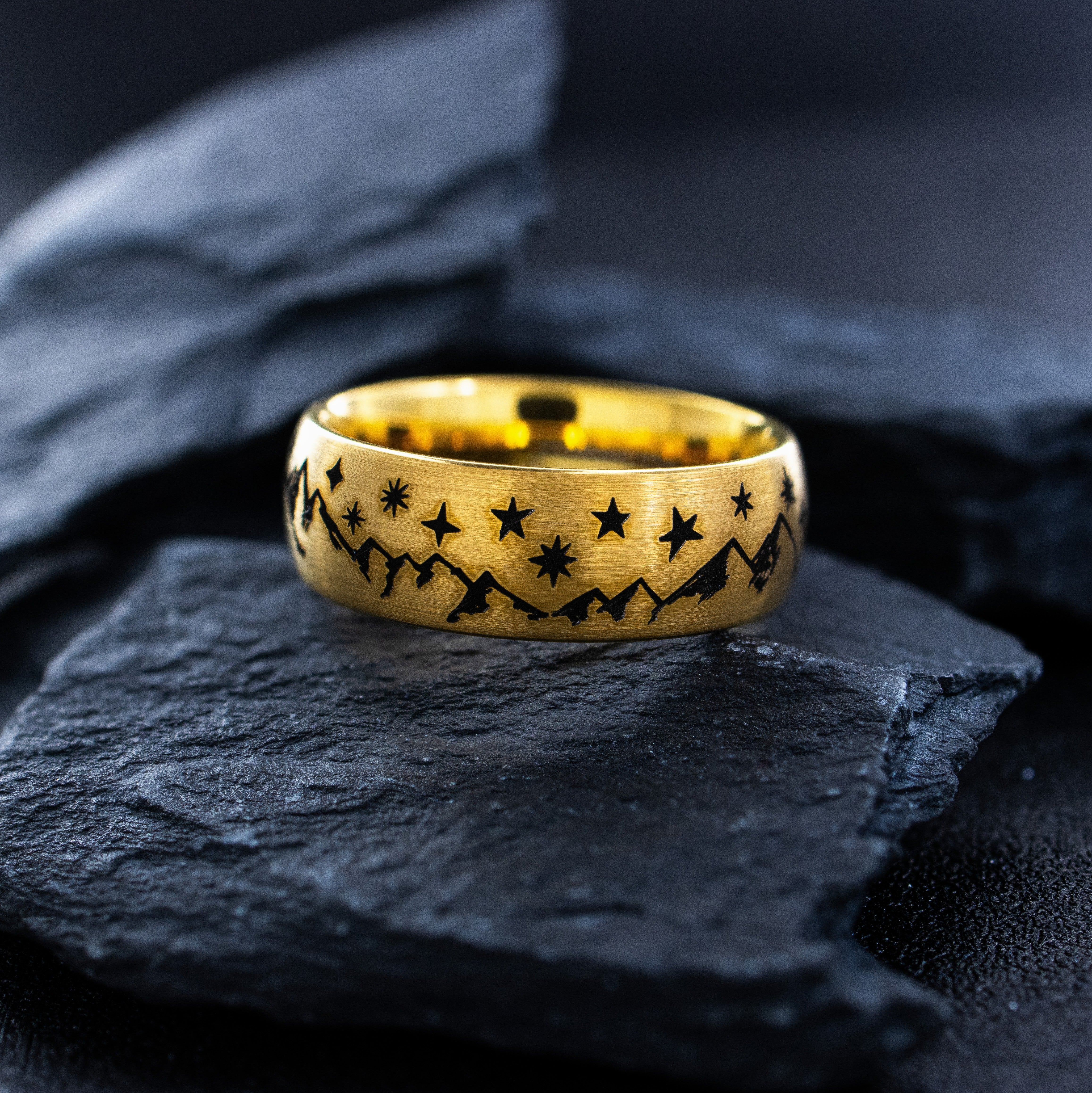 8mm Black Engraved Tungsten Ring with Mountains and Celestial Skyscape