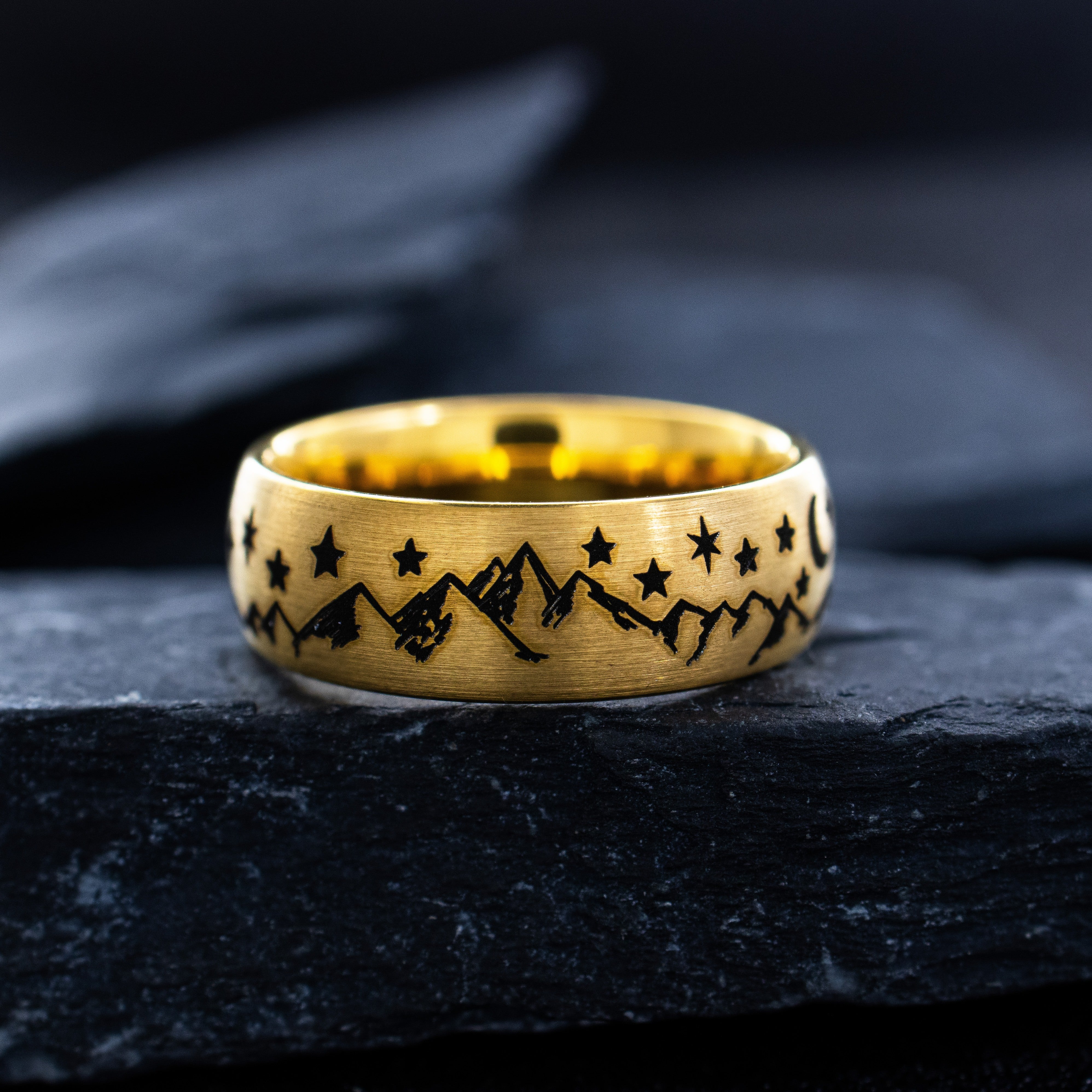 8mm Black Engraved Tungsten Ring with Mountains and Celestial Skyscape