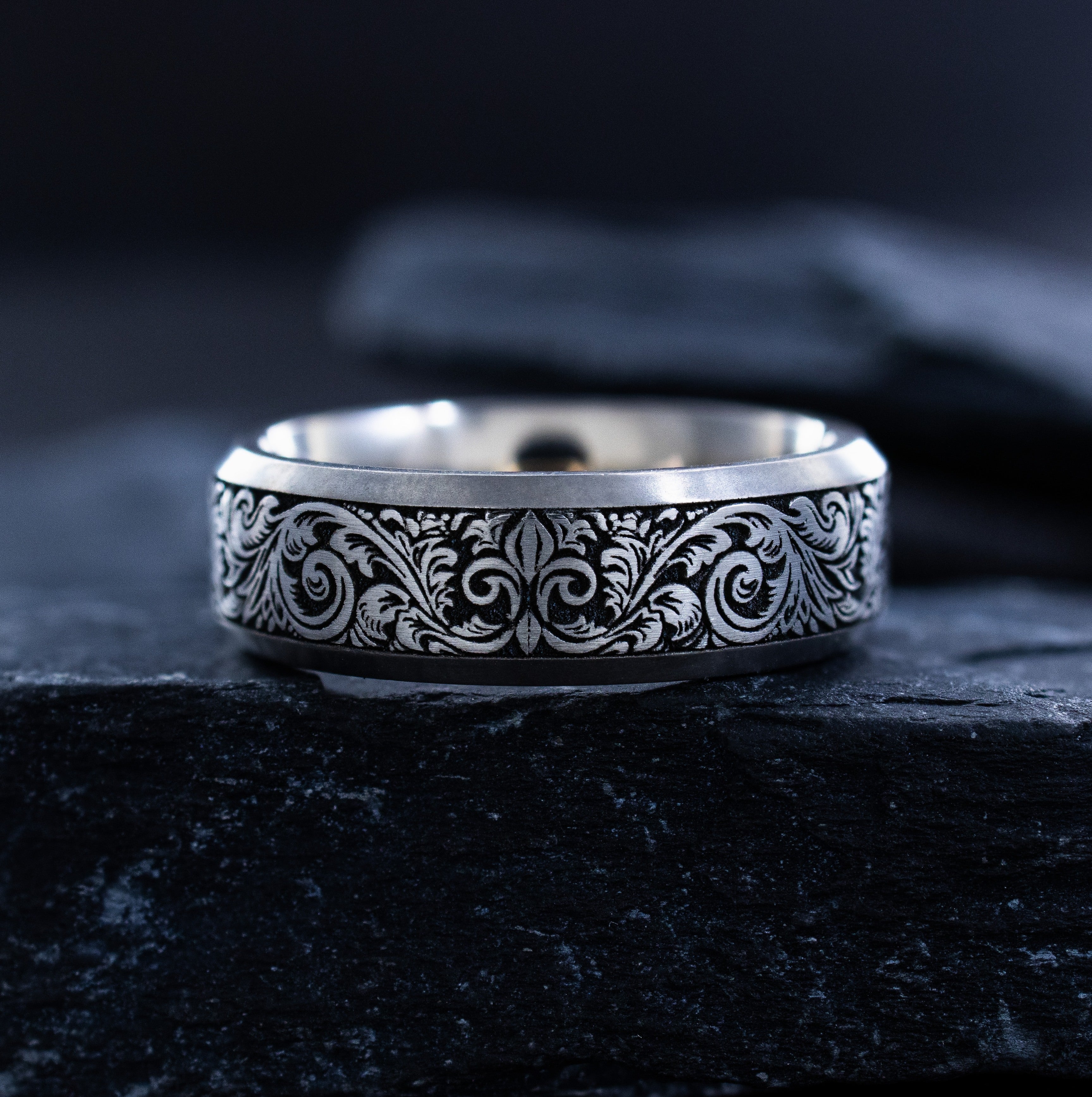7mm Victorian Style Titanium Band with Deep Engraved Floral Pattern