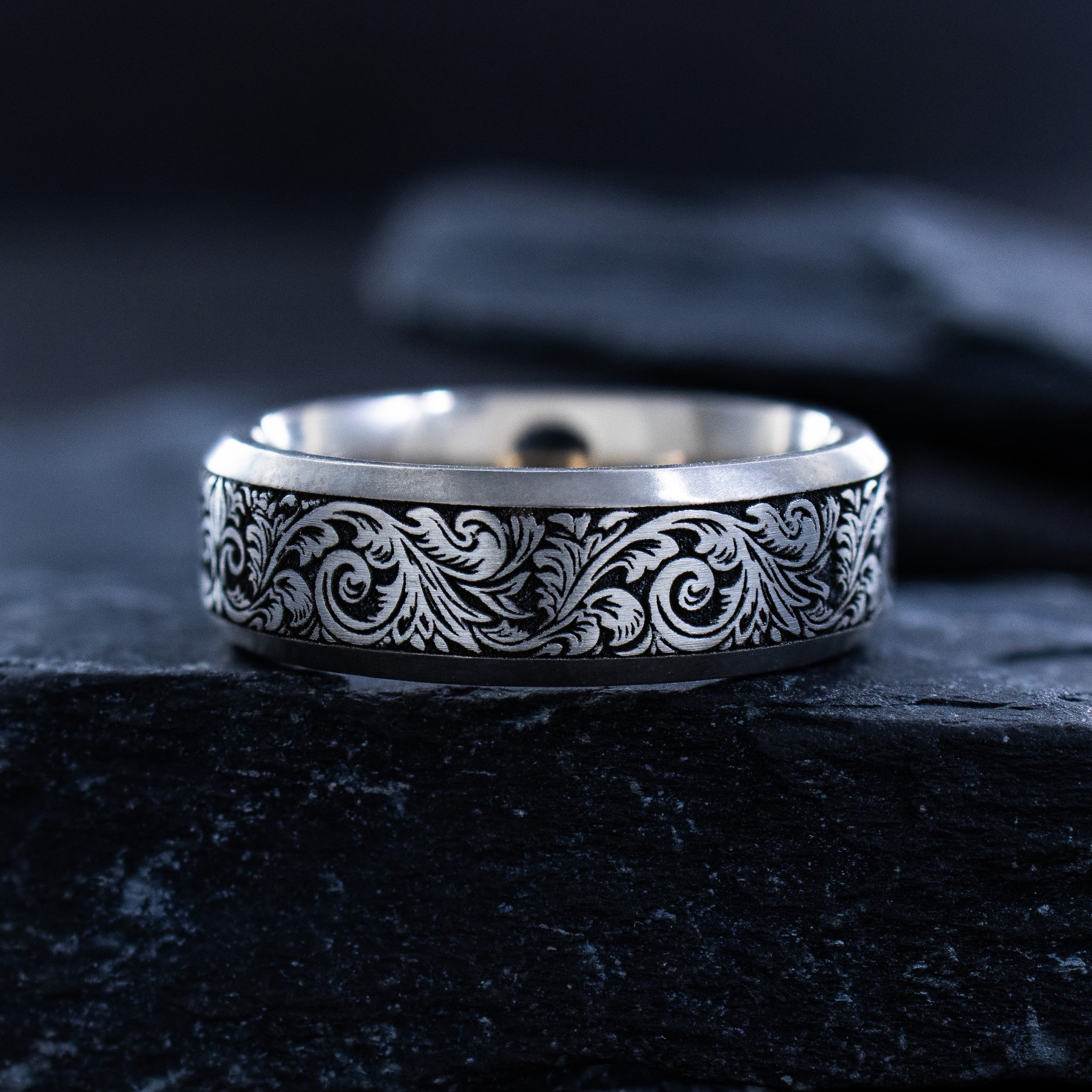 7mm Victorian Style Titanium Band with Deep Engraved Floral Pattern