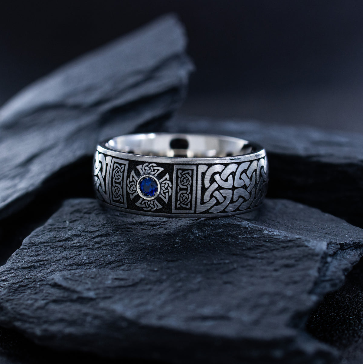 8mm Deep Engraved Titanium Band with Celtic Knots, Celtic Cross, and Gemstone