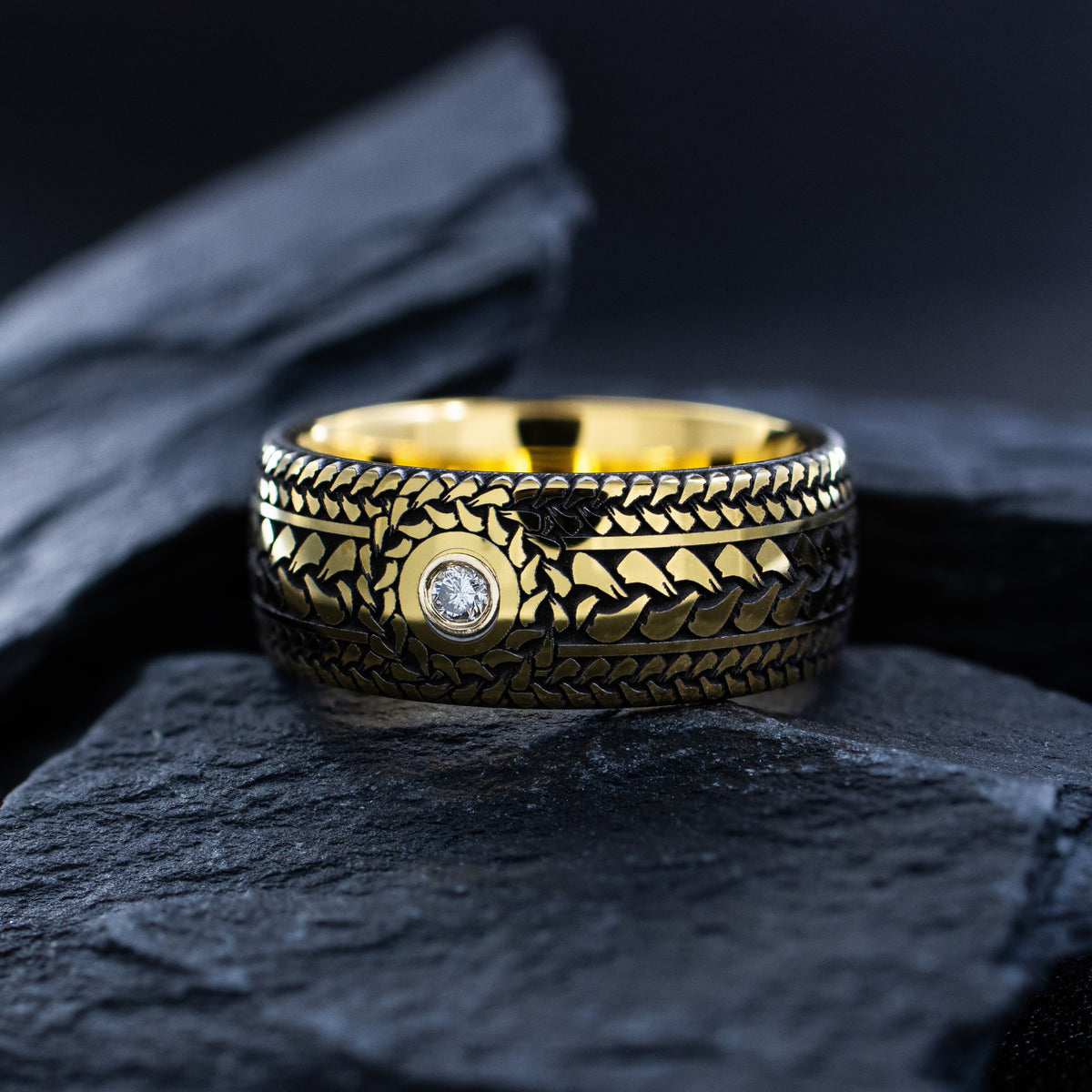 9mm Gold Tungsten Carbide Ring with Braids and Gemstone