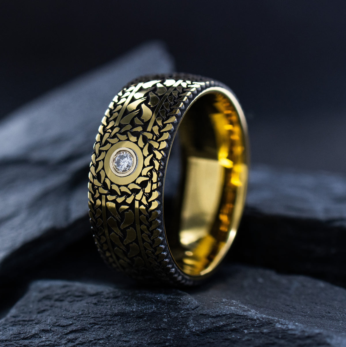 9mm Gold Tungsten Carbide Ring with Braids and Gemstone