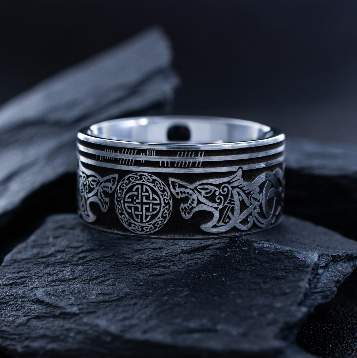 12mm Viking Norse Tungsten Band with Wolf Heads and Runes