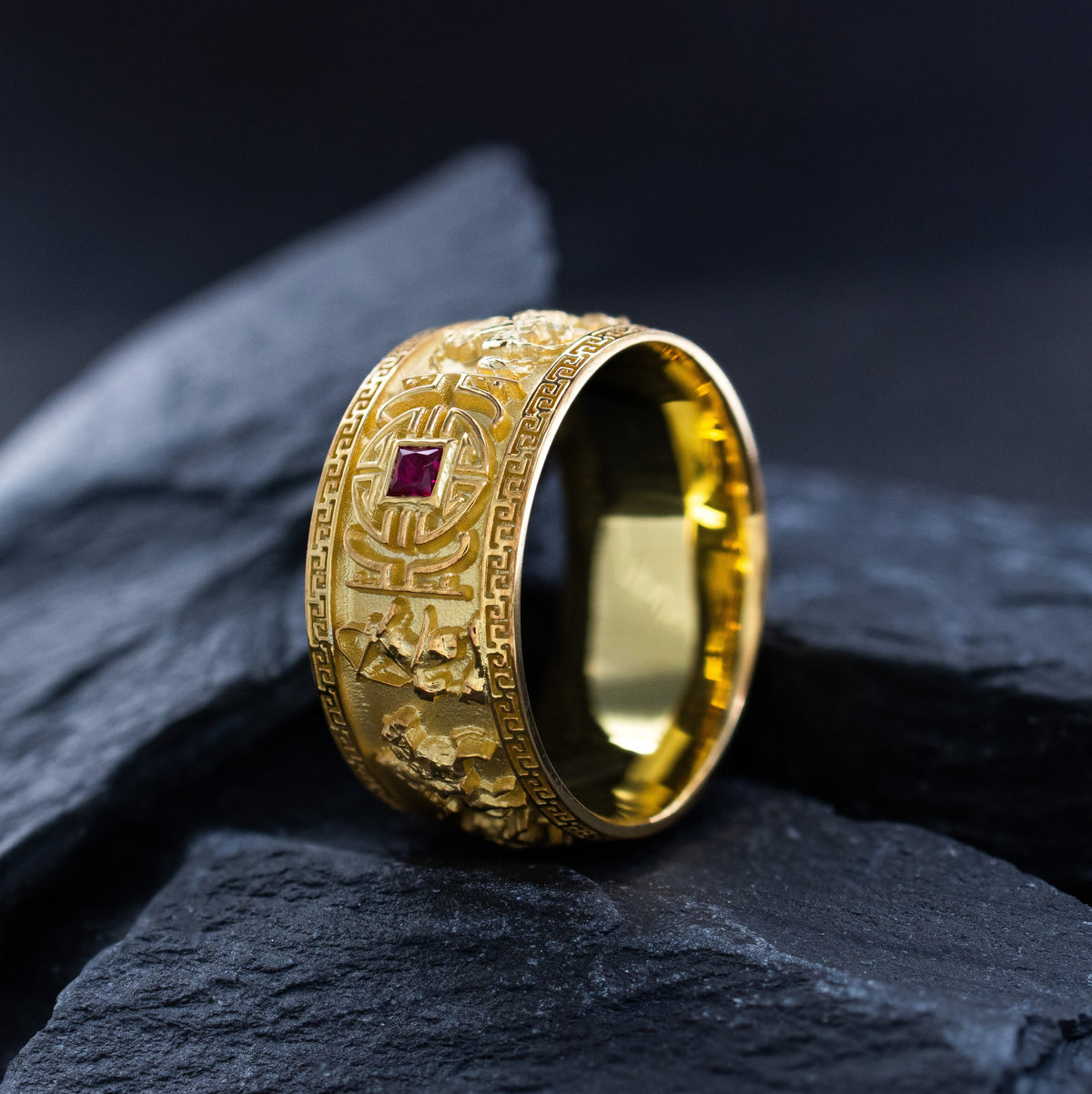 10mm Custom Made, Dome Shaped, 14k Solid Yellow Gold Ring with Mongol Warriors and Gemstone