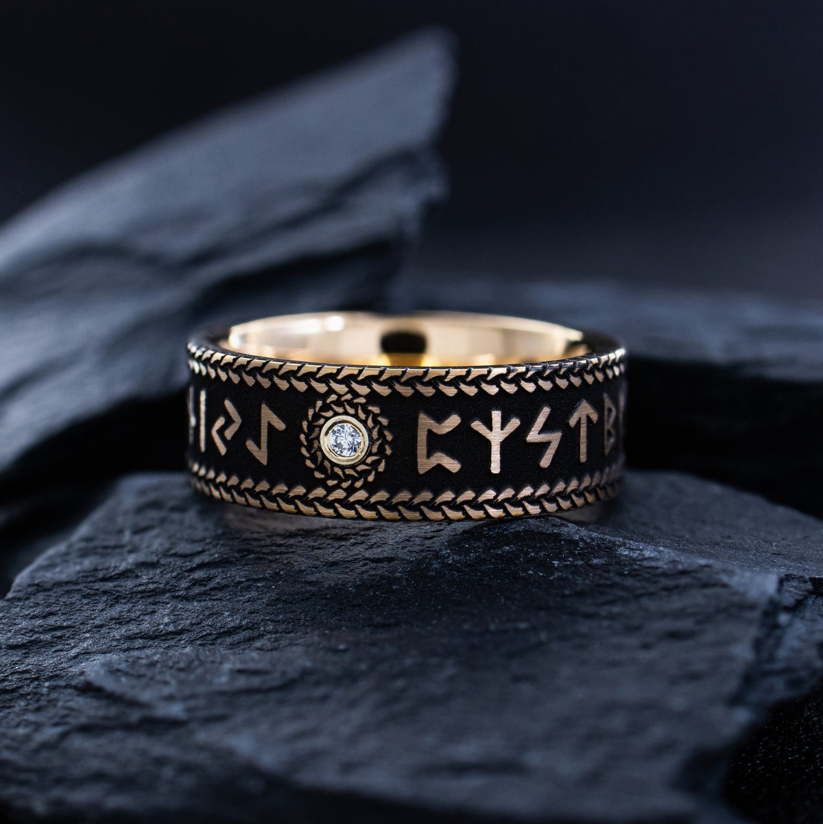 Norse Viking Rune and Gemstone Ring, 8mm Rose Gold Plated Band