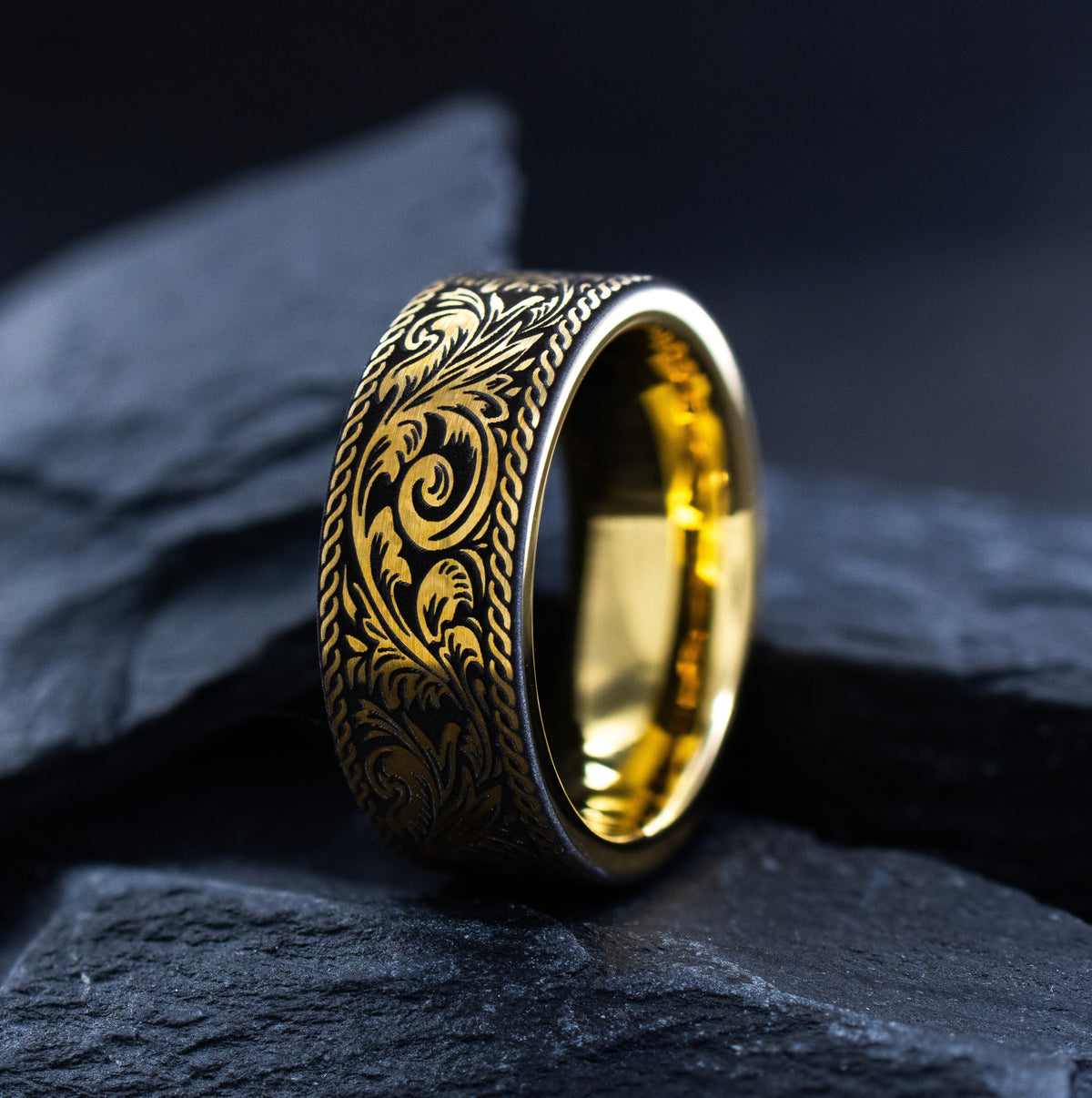 Victorian Floral 8mm Tungsten Carbide Ring with Yellow Gold Plating