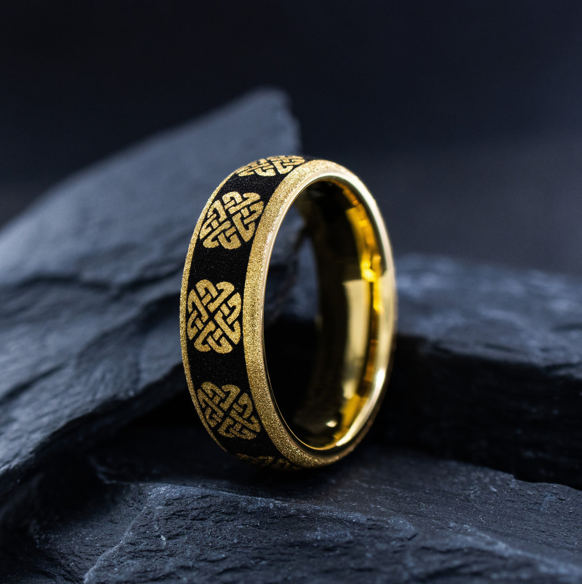 8mm Black and Gold Plated Tungsten Carbide Ring with Celtic Knots