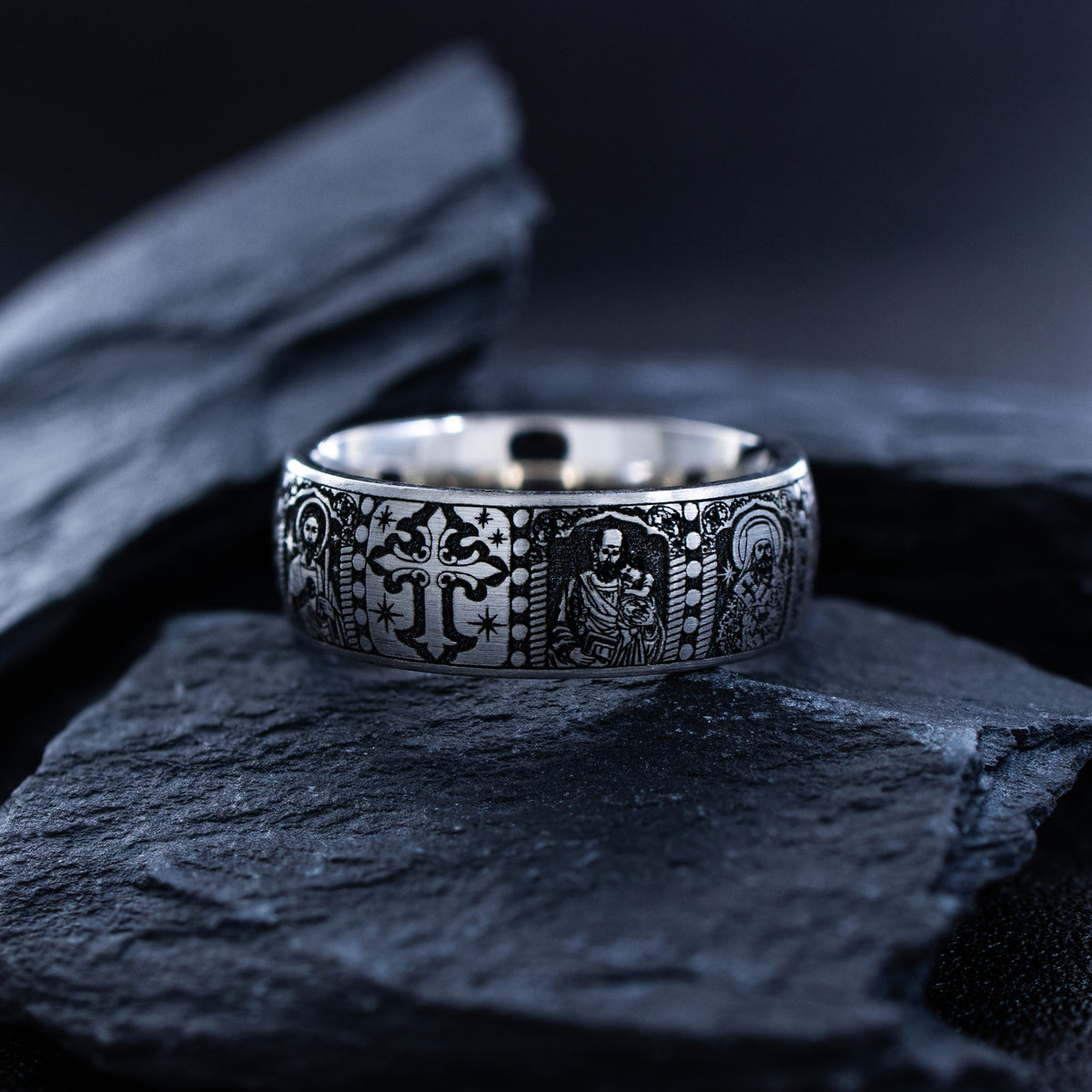 8mm Deep Engraved Titanium Band with Cross and Christian Saints