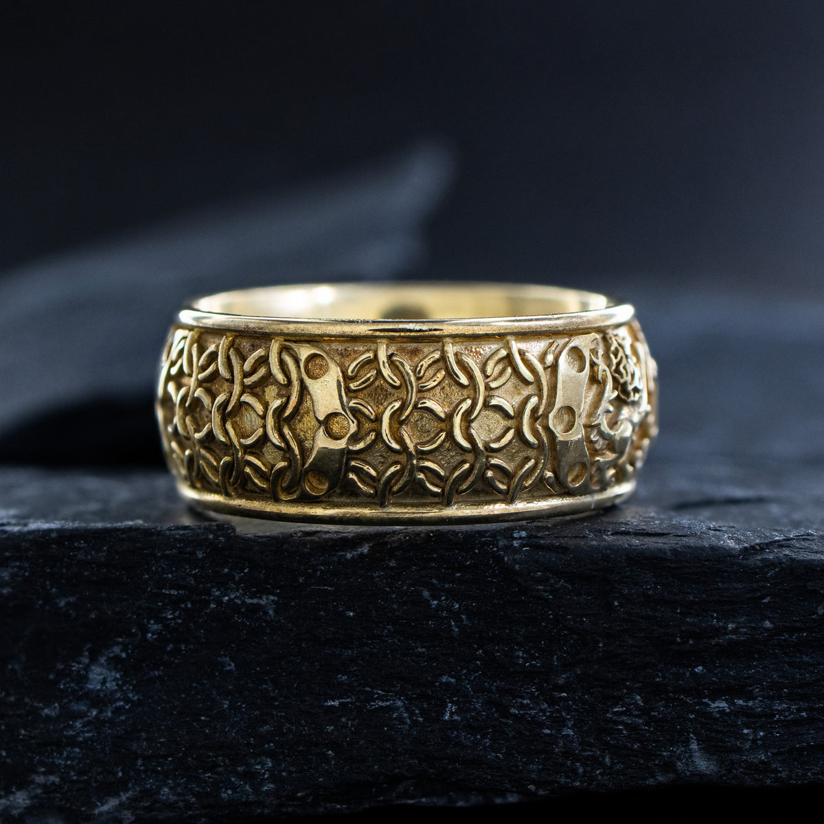 8mm Custom Made Dome Shaped Solid Gold Ring with Medieval Engravings, Monogram and 2 Lions