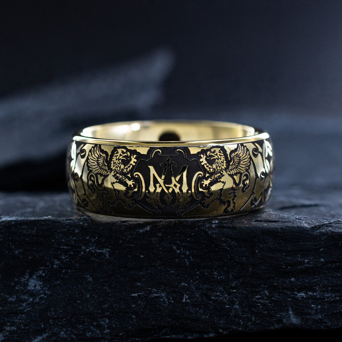 Personalized Monogram Ring with Heraldic Griffins, 9mm Gold Plated Tungsten Carbide Band