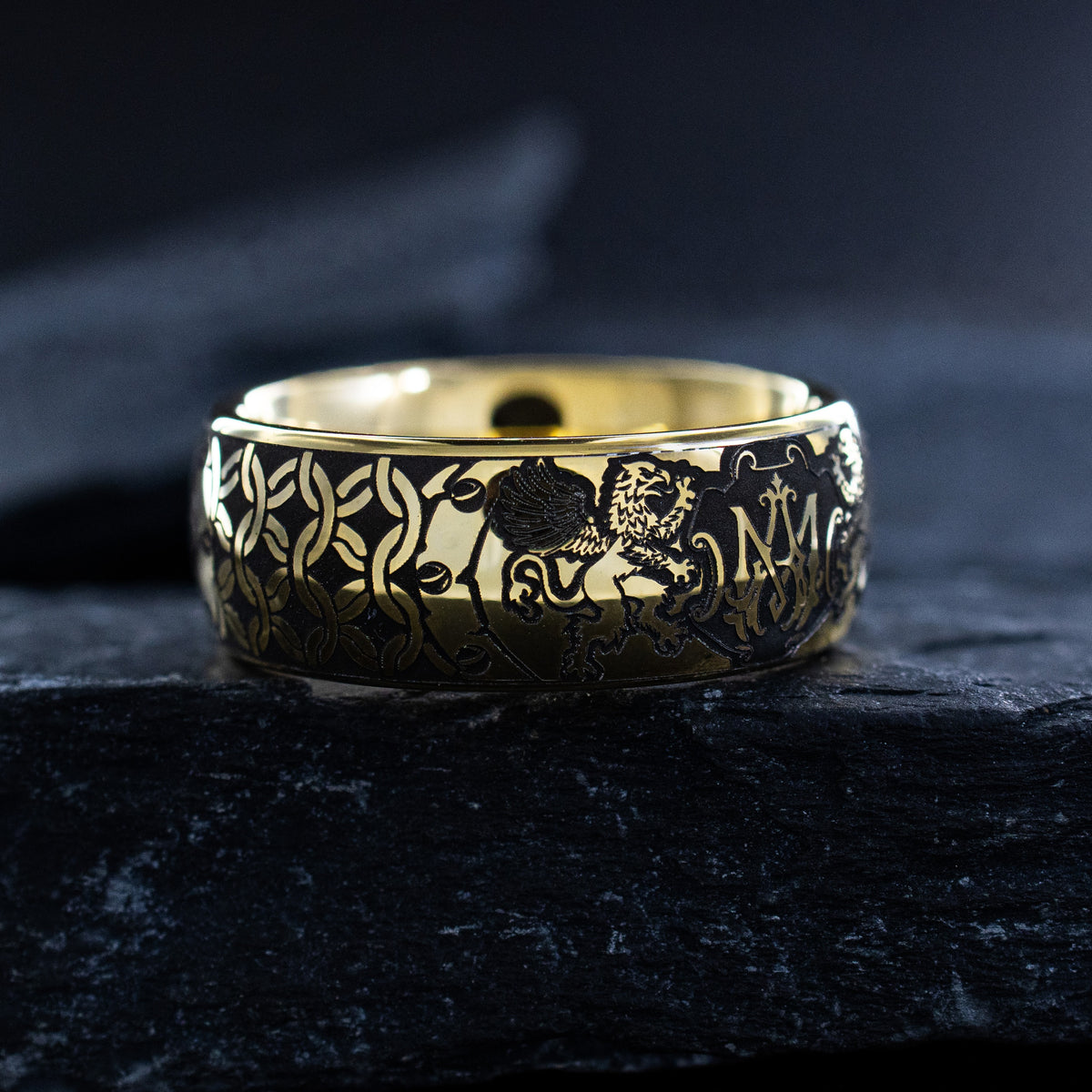 Personalized Monogram Ring with Heraldic Griffins, 9mm Gold Plated Tungsten Carbide Band