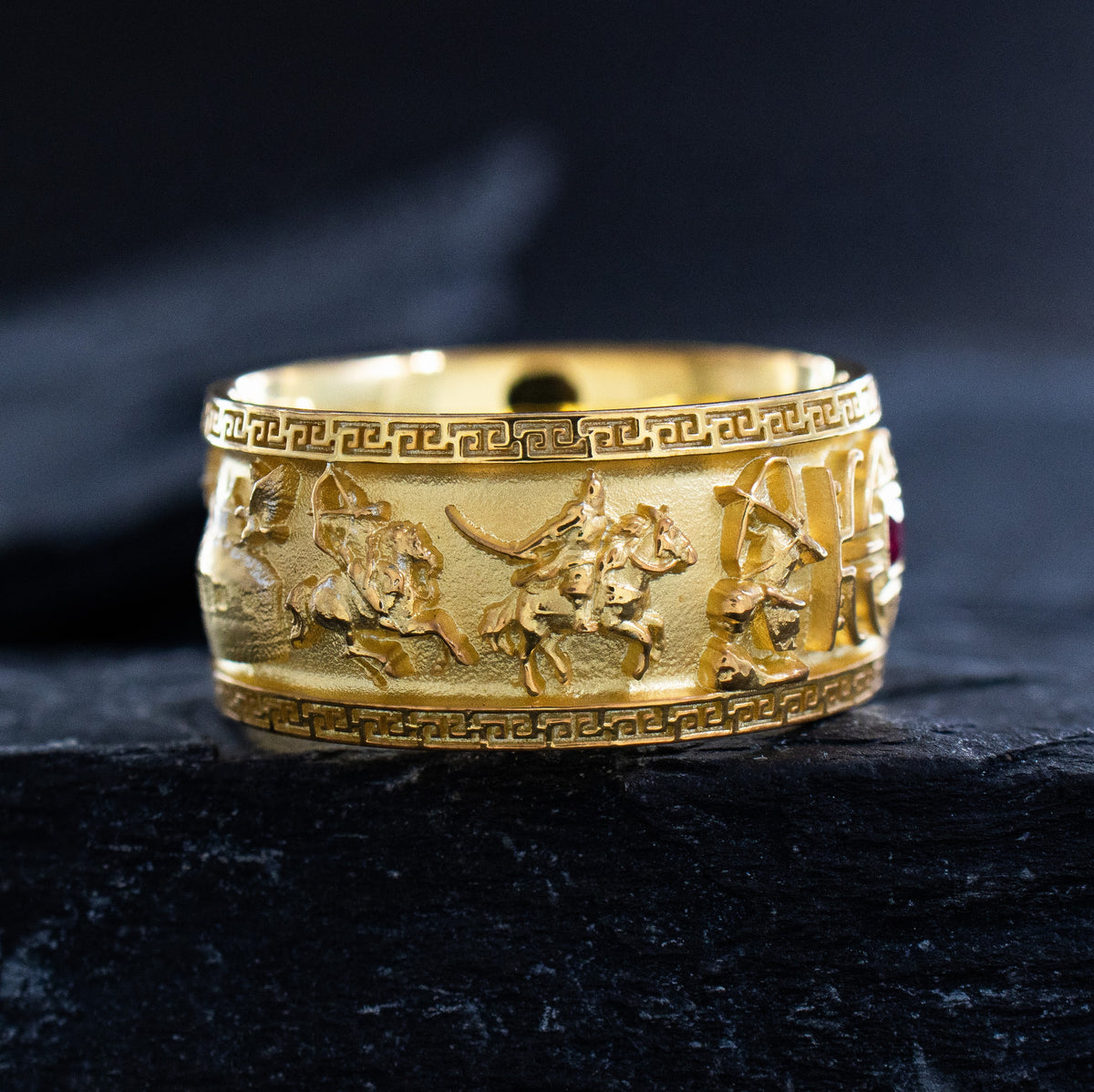 10mm Custom Made, Dome Shaped, 14k Solid Yellow Gold Ring with Mongol Warriors and Gemstone