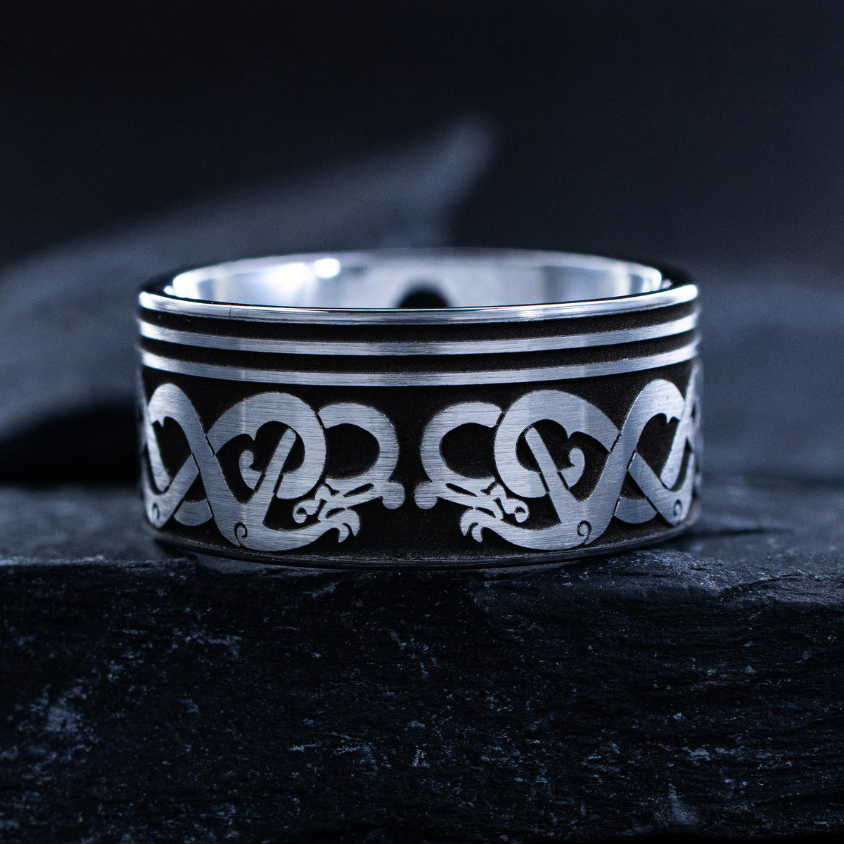 12mm Viking Norse Tungsten Band with Wolf Heads and Runes