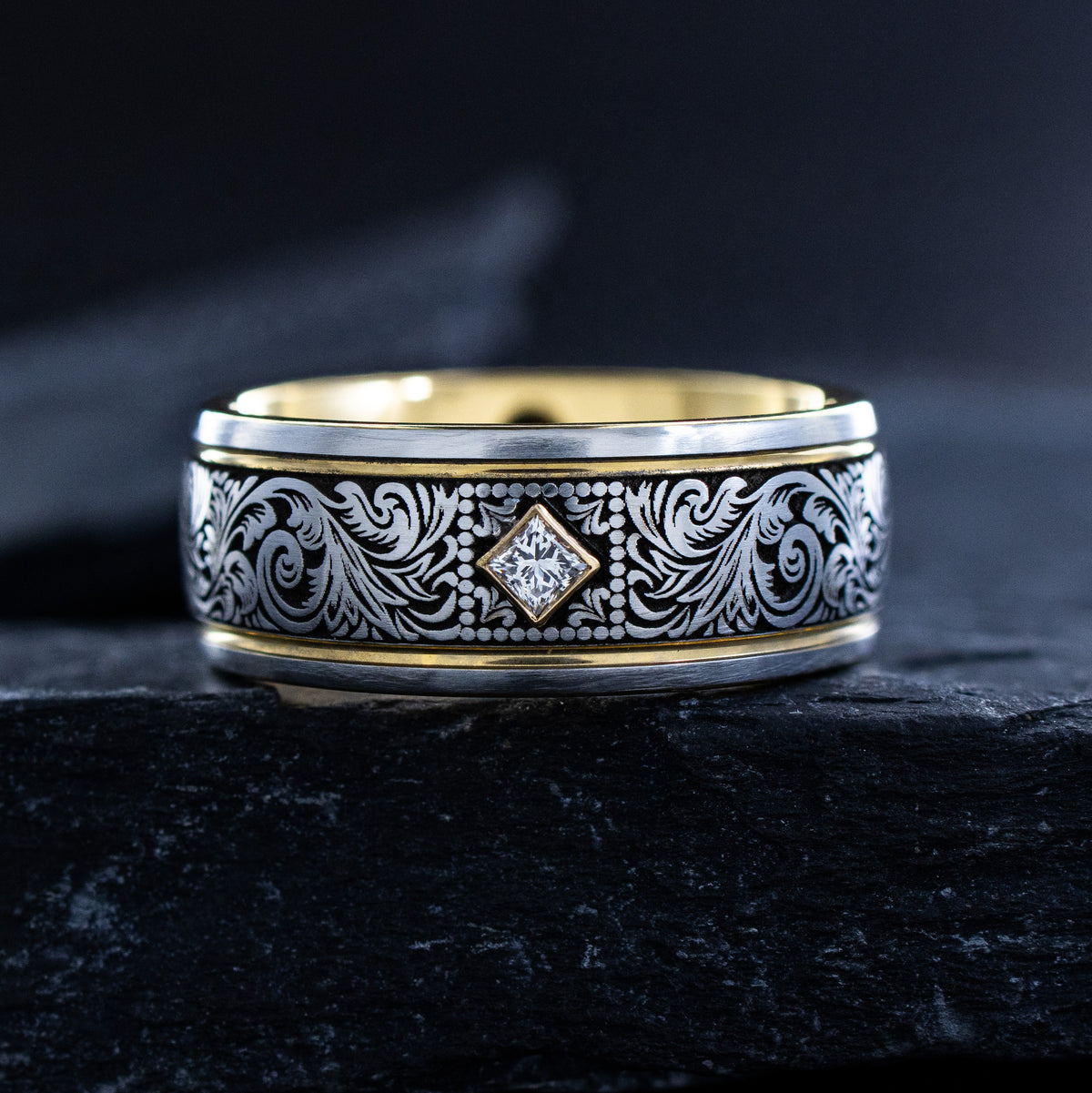 Victorian Floral Scrollwork Cobalt 8mm Band with Gemstone and Yellow Gold Plating