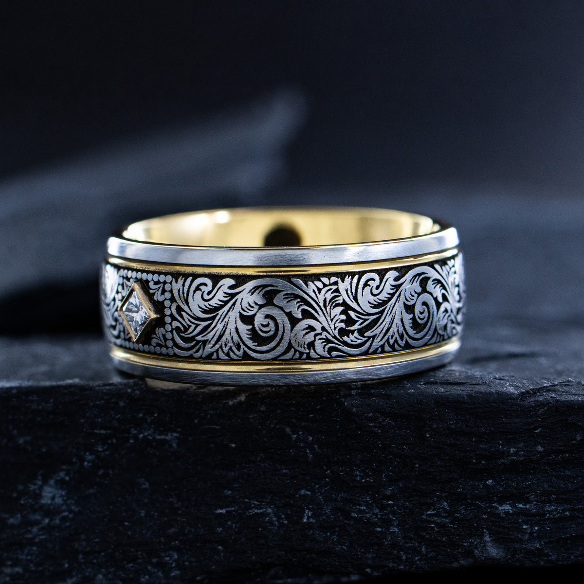 Victorian Floral Scrollwork Cobalt 8mm Band with Gemstone and Yellow Gold Plating