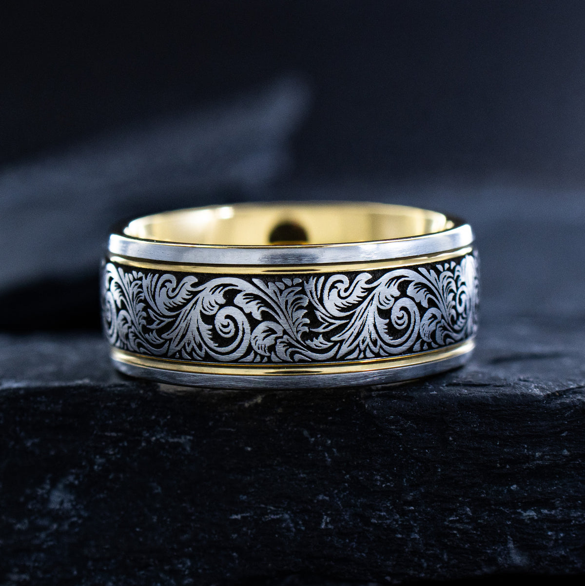 Victorian Floral Scrollwork Cobalt 8mm Band with Gemstone and Yellow Gold Plating