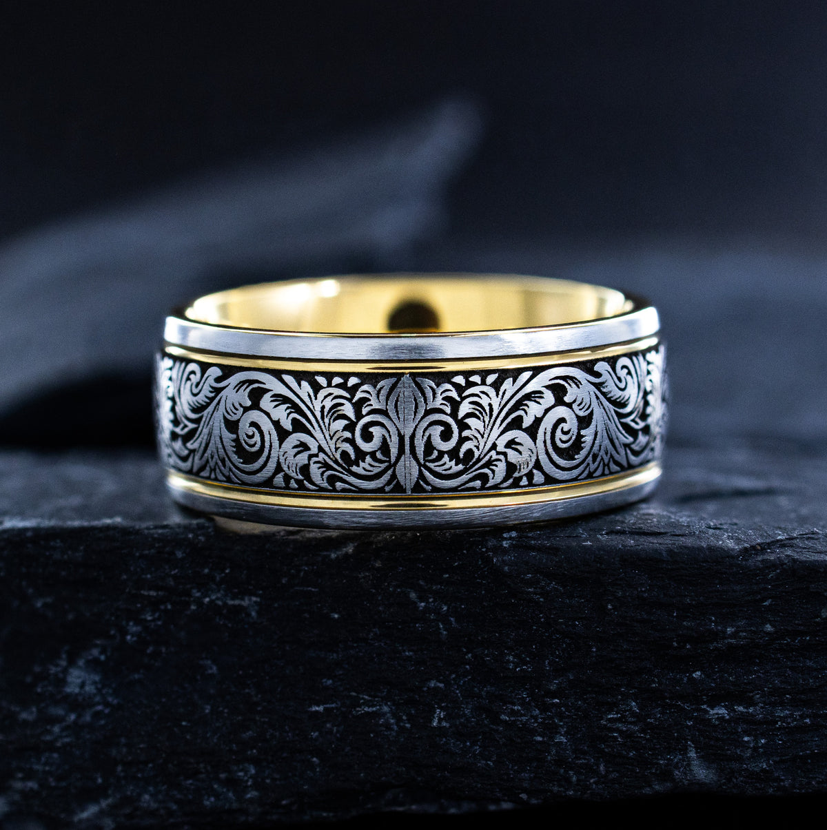 Victorian Floral Scrollwork Cobalt 8mm Band with Gemstone and Yellow Gold Plating