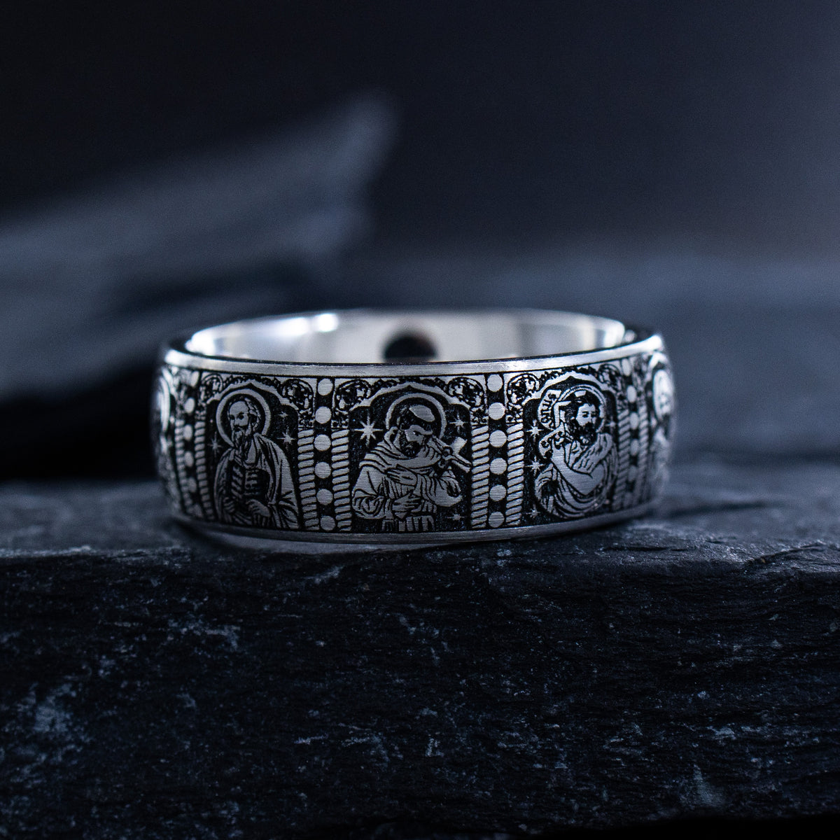 8mm Deep Engraved Titanium Band with Cross and Christian Saints