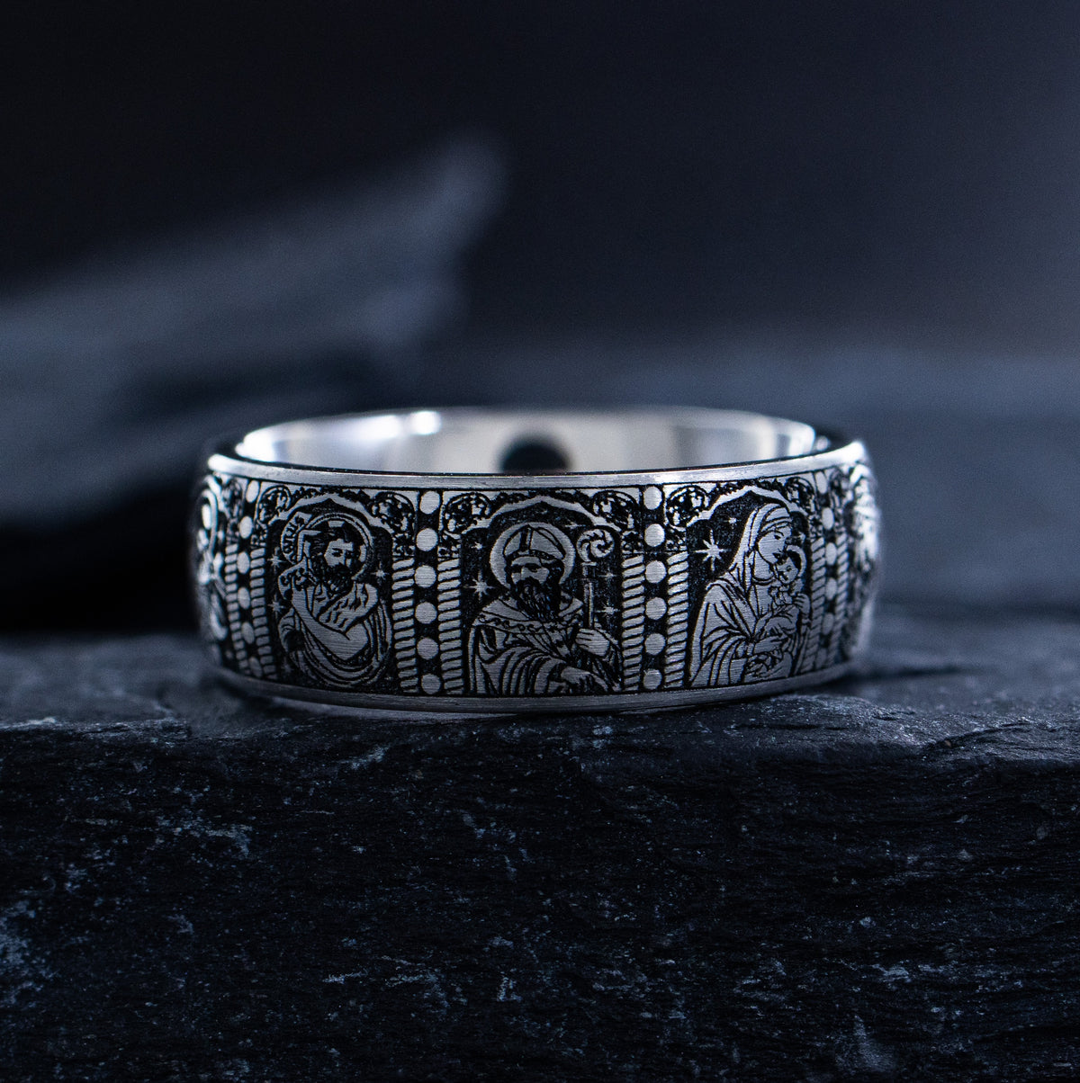 8mm Deep Engraved Titanium Band with Cross and Christian Saints