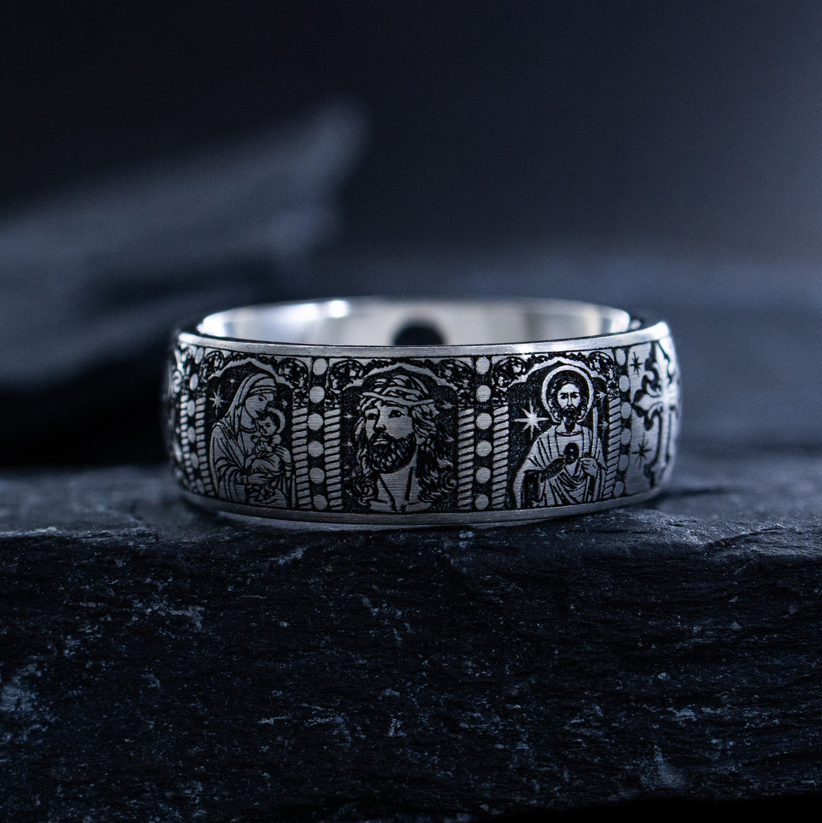 8mm Deep Engraved Titanium Band with Cross and Christian Saints