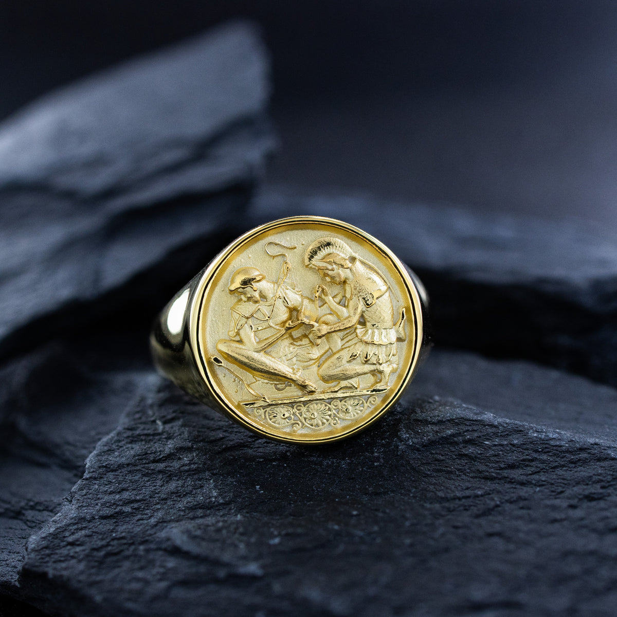 Solid 14k Yellow Gold Signet Ring with Achilles and Patroclus