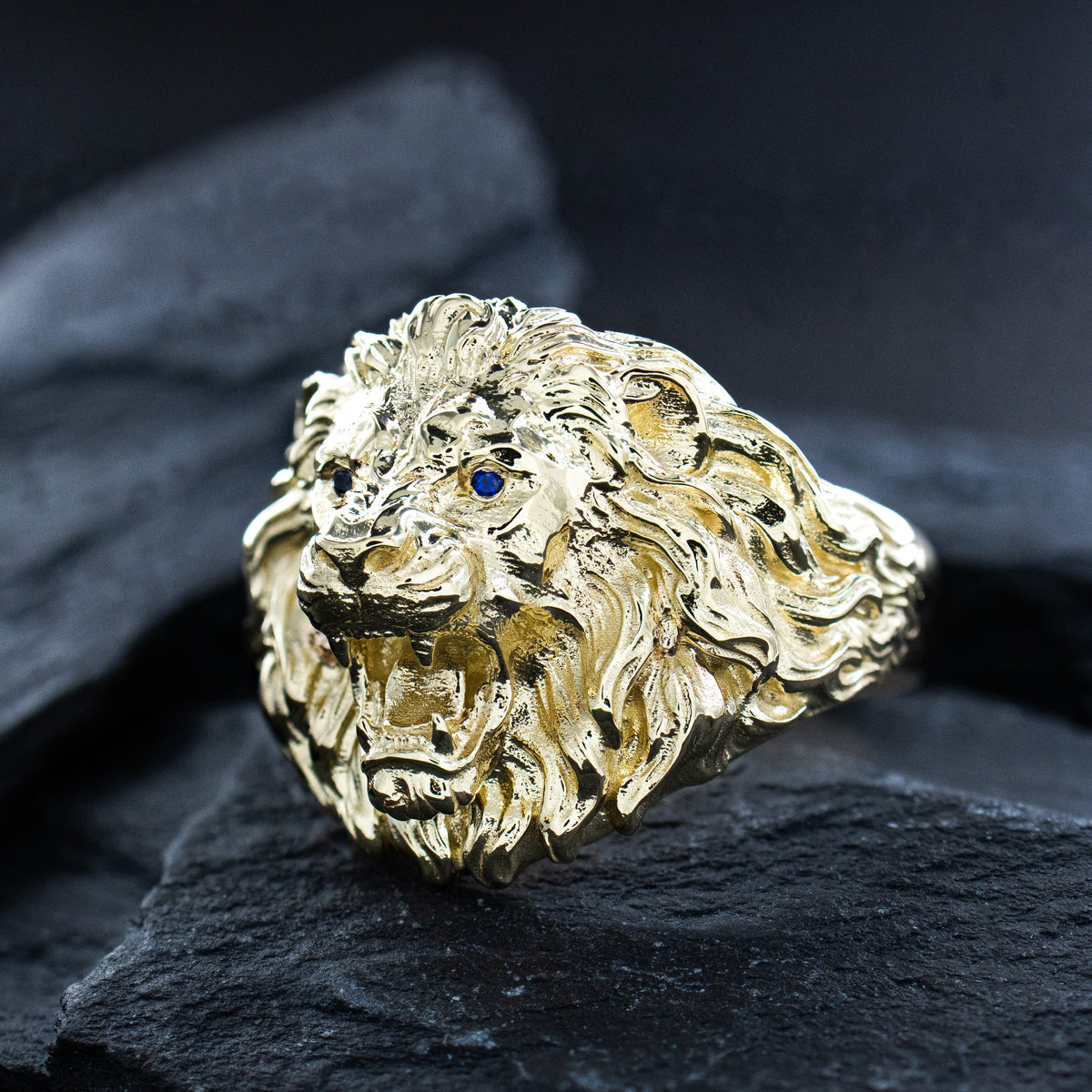 Solid Yellow Gold Fierce Lion Head Ring with Gemstones