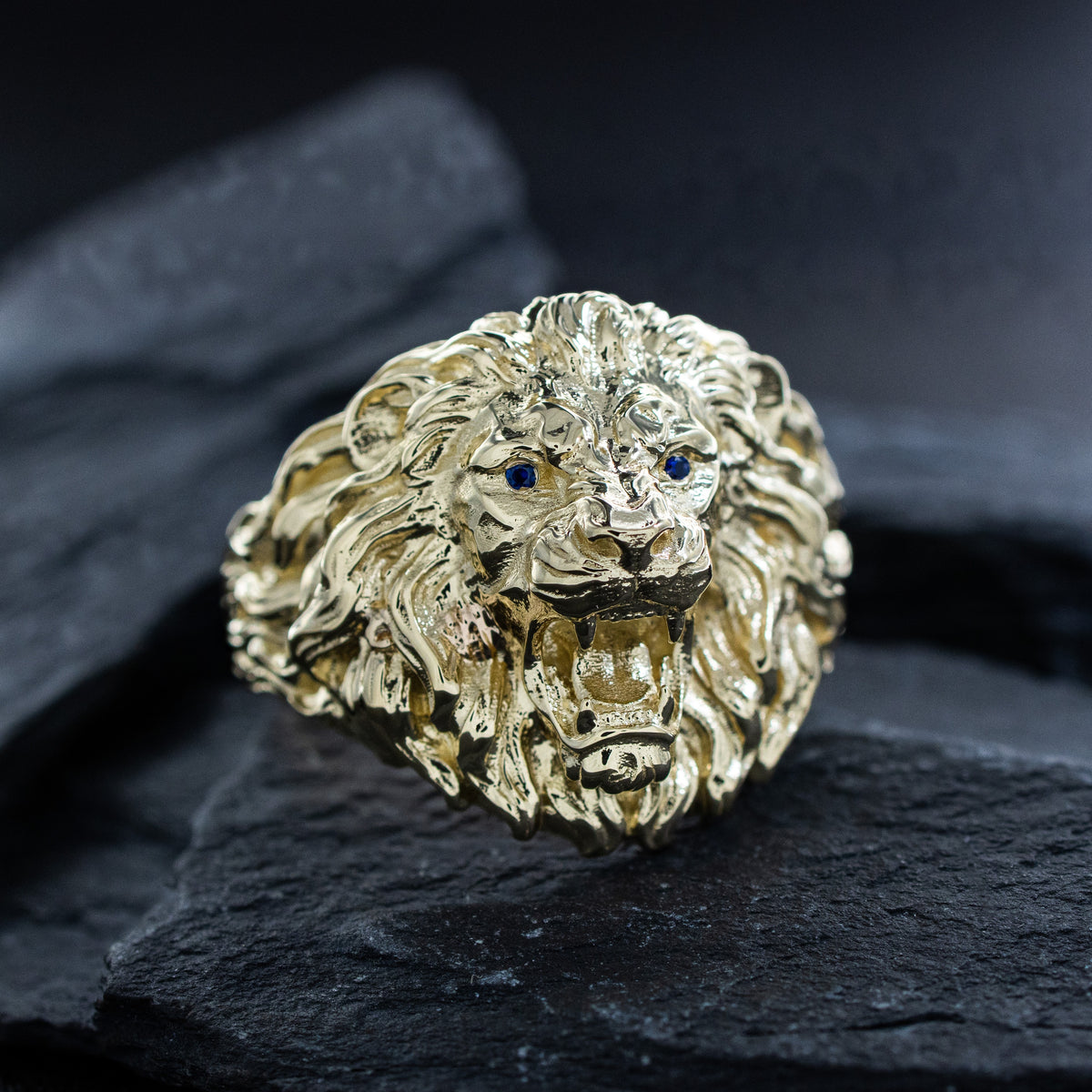 Solid Yellow Gold Fierce Lion Head Ring with Gemstones
