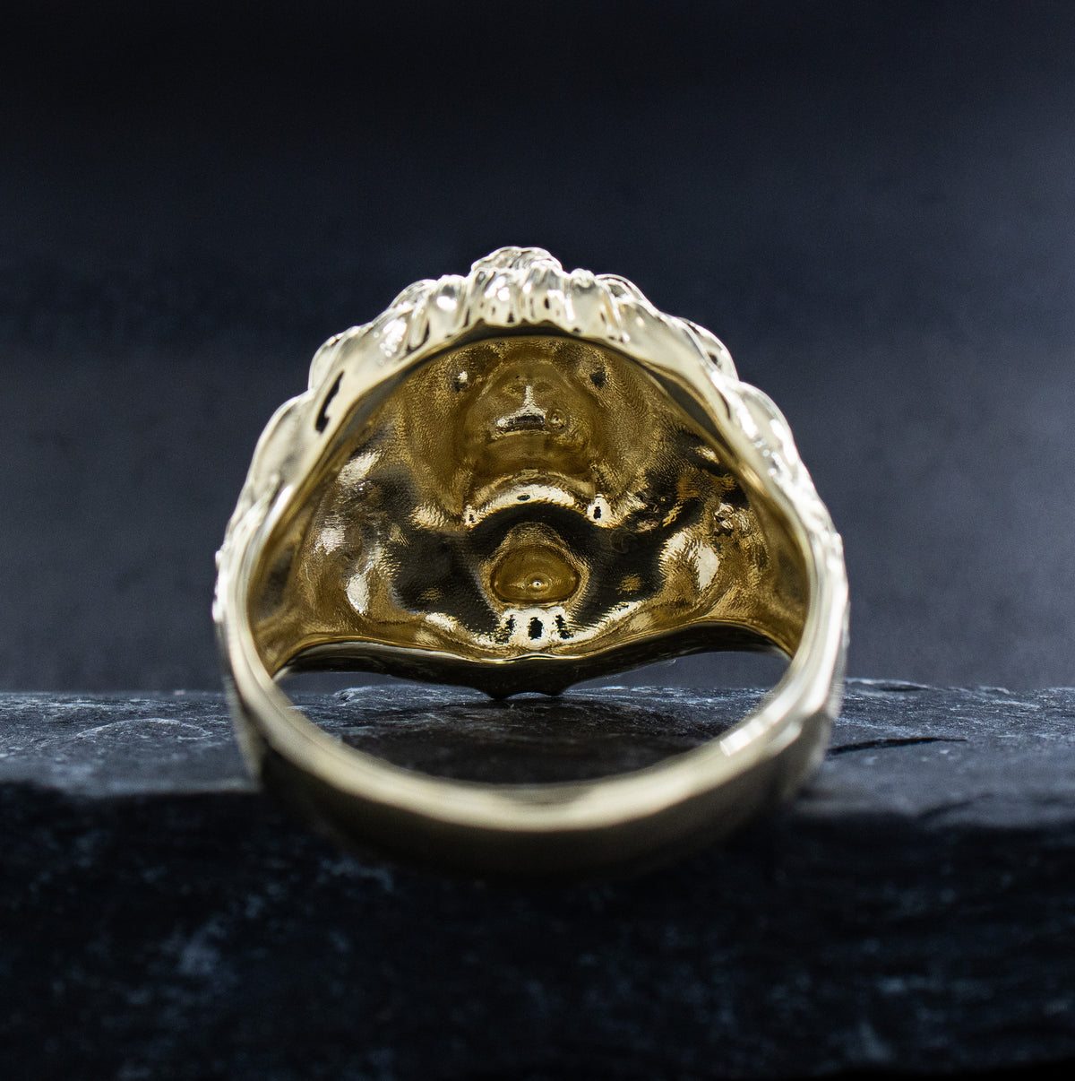 Solid Yellow Gold Fierce Lion Head Ring with Gemstones