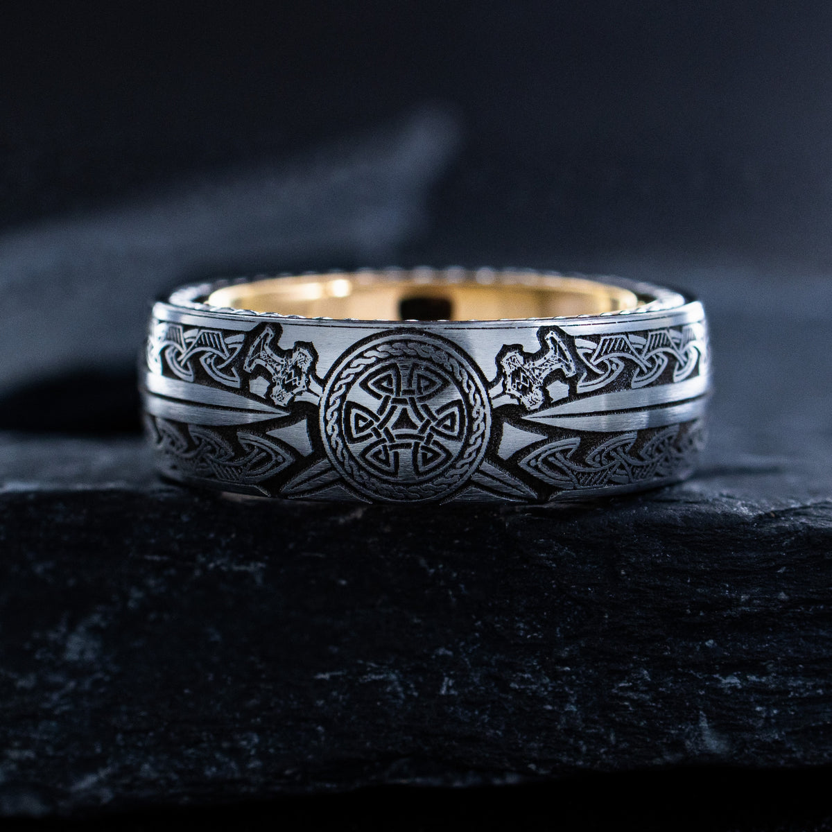 Rose Gold Plated 8mm Tungsten Ring with Braided Edges, Nordic Shield and Swords