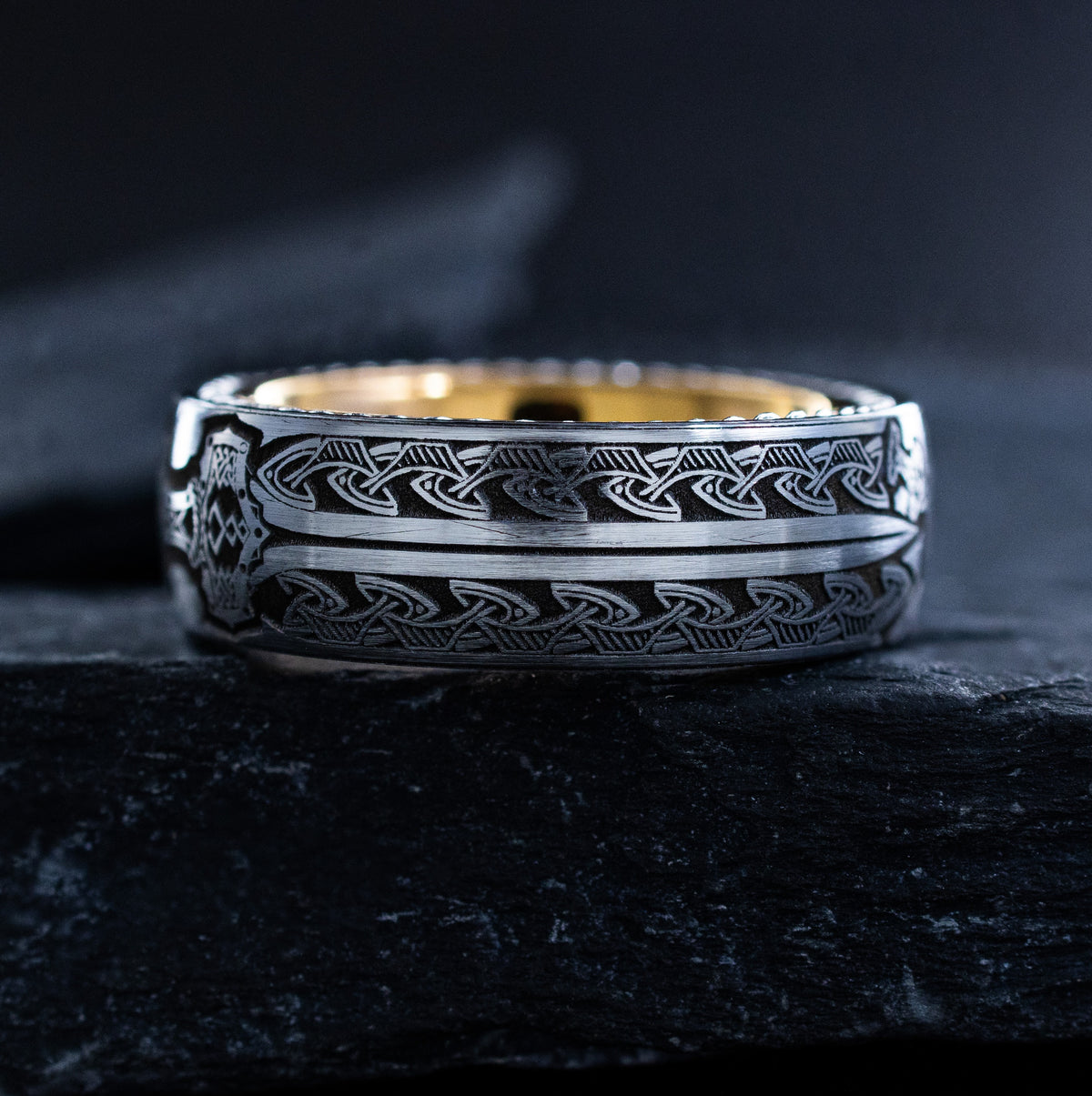 Rose Gold Plated 8mm Tungsten Ring with Braided Edges, Nordic Shield and Swords