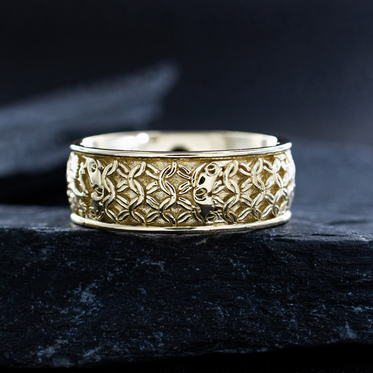 8mm Custom Made, Solid Yellow Gold Ring with Medieval Style Engravings, Shield, Lions and Round Cut Diamond