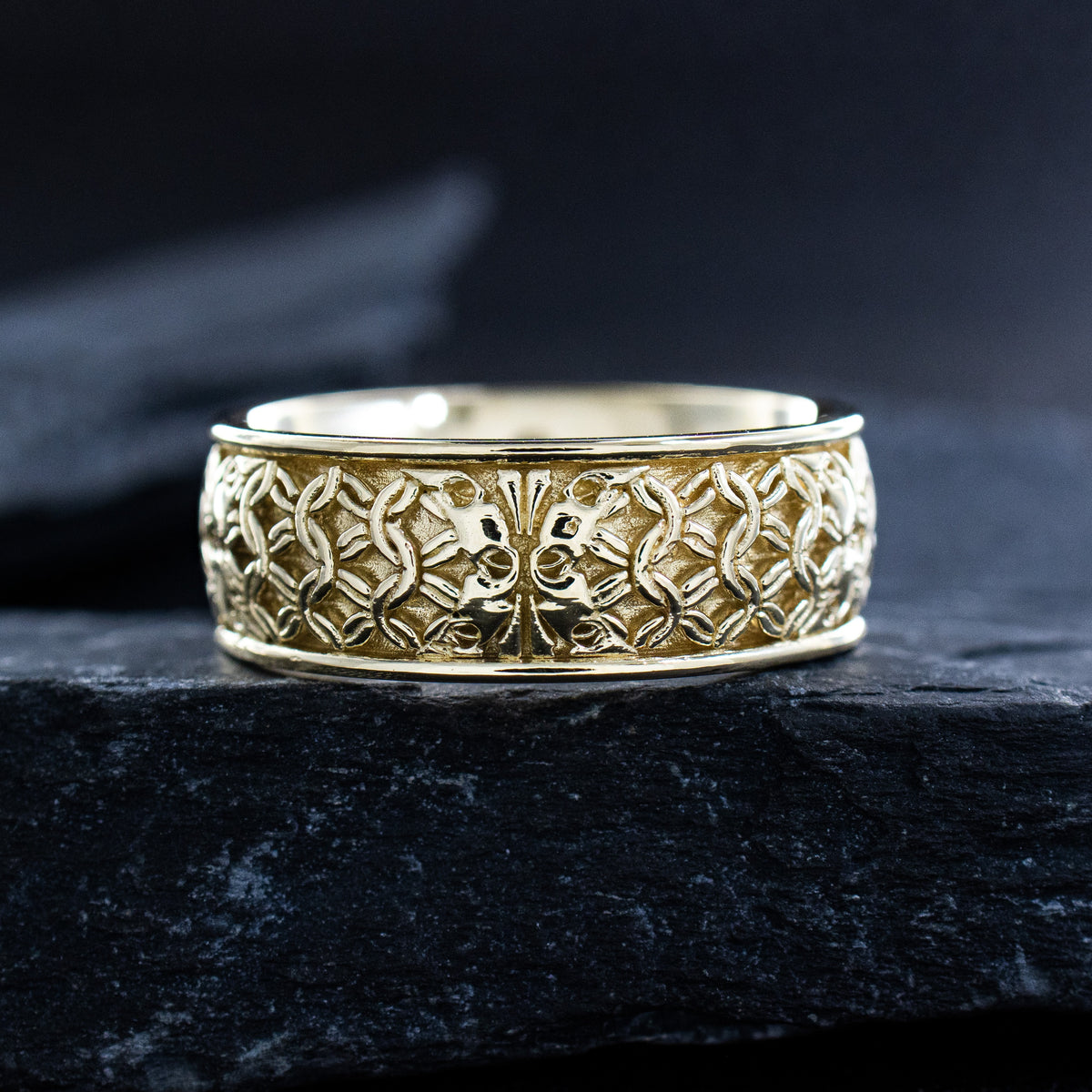 8mm Custom Made, Solid Yellow Gold Ring with Medieval Style Engravings, Shield, Lions and Round Cut Diamond