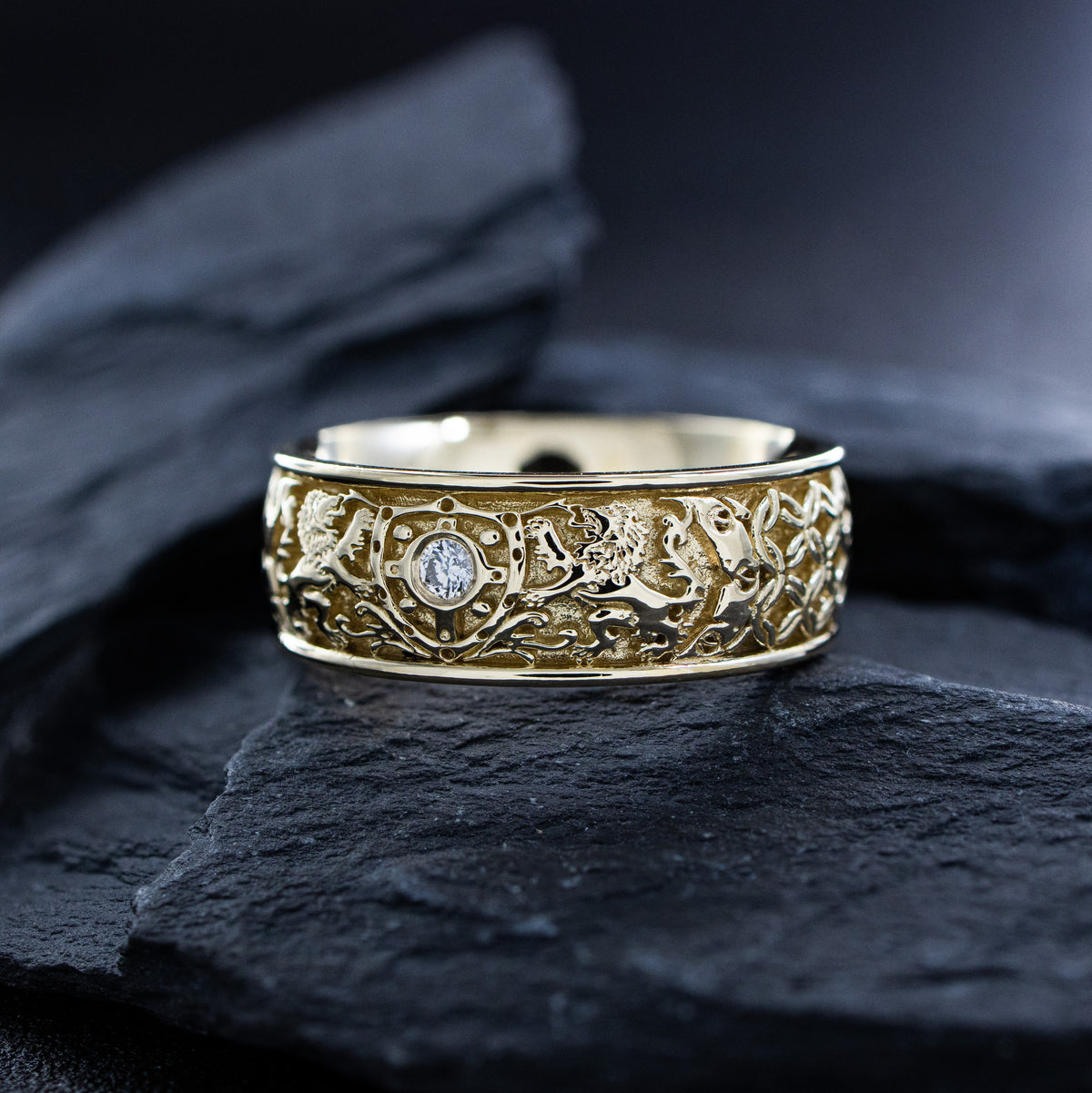 8mm Custom Made, Solid Yellow Gold Ring with Medieval Style Engravings, Shield, Lions and Round Cut Diamond