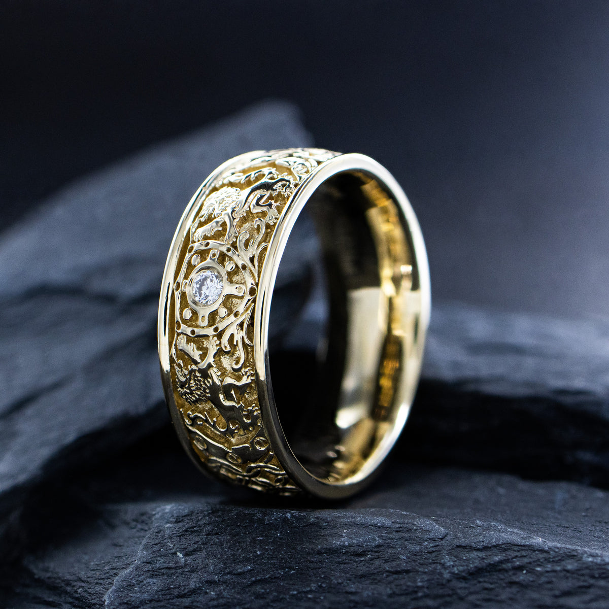 8mm Custom Made, Solid Yellow Gold Ring with Medieval Style Engravings, Shield, Lions and Round Cut Diamond