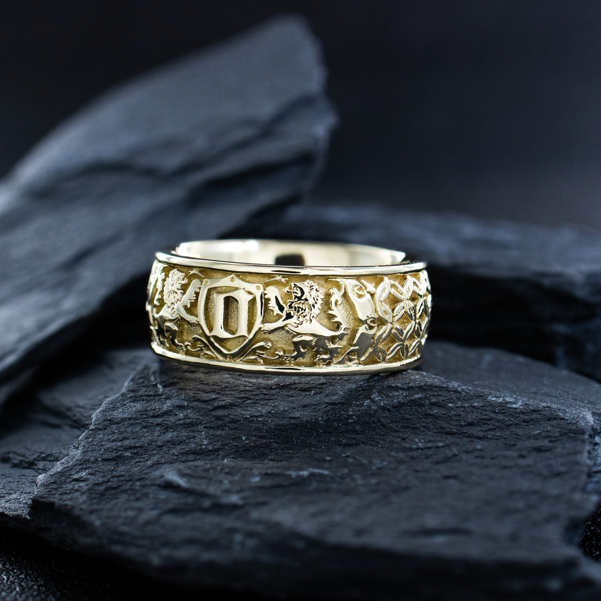 8mm Custom Made, Dome Shaped Solid Yellow Gold Ring with Medieval Style Engravings, Shield, Personalized Initial and 2 Lions