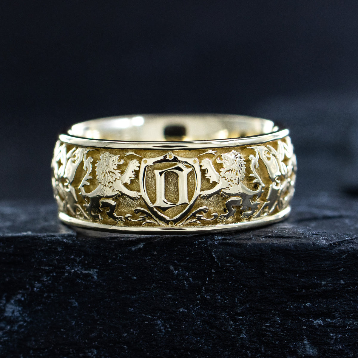 8mm Custom Made, Dome Shaped Solid Yellow Gold Ring with Medieval Style Engravings, Shield, Personalized Initial and 2 Lions