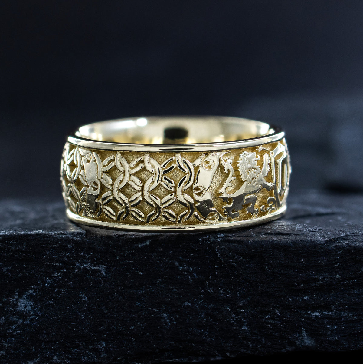 8mm Custom Made, Dome Shaped Solid Yellow Gold Ring with Medieval Style Engravings, Shield, Personalized Initial and 2 Lions