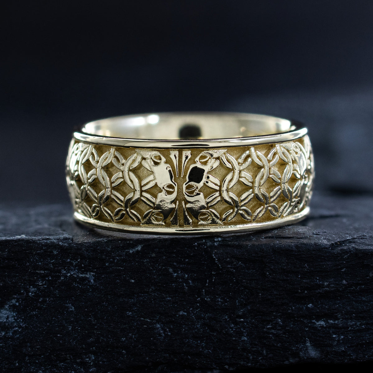 8mm Custom Made, Dome Shaped Solid Yellow Gold Ring with Medieval Style Engravings, Shield, Personalized Initial and 2 Lions