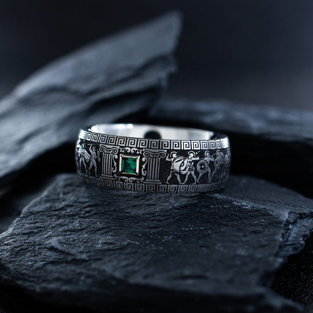 8mm Deep Engraved Titanium Band with Greek Warriors and Gemstone