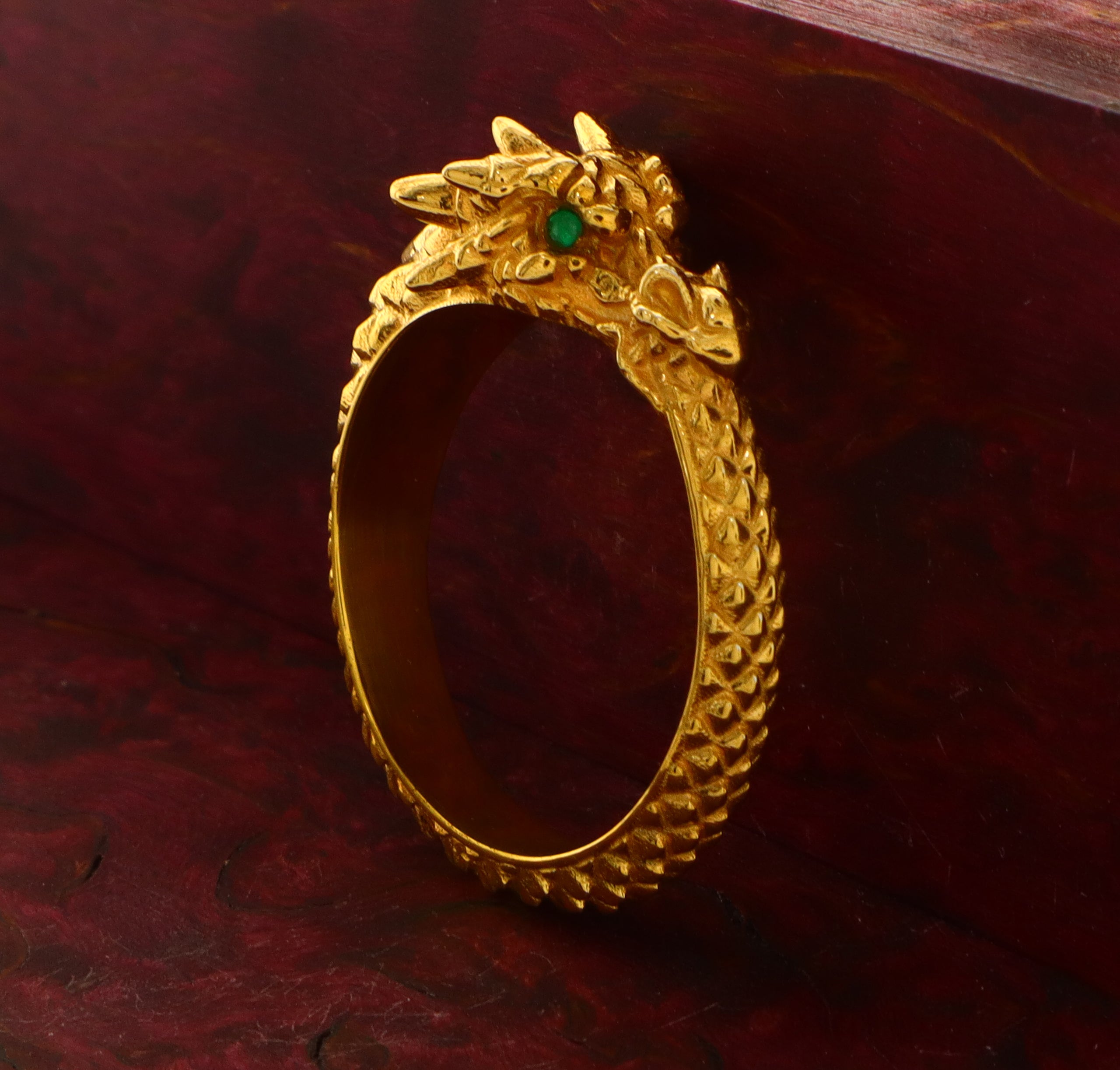 Ouroboros Dragon, Emerald Gemstones, 14k Solid Yellow Gold Ring