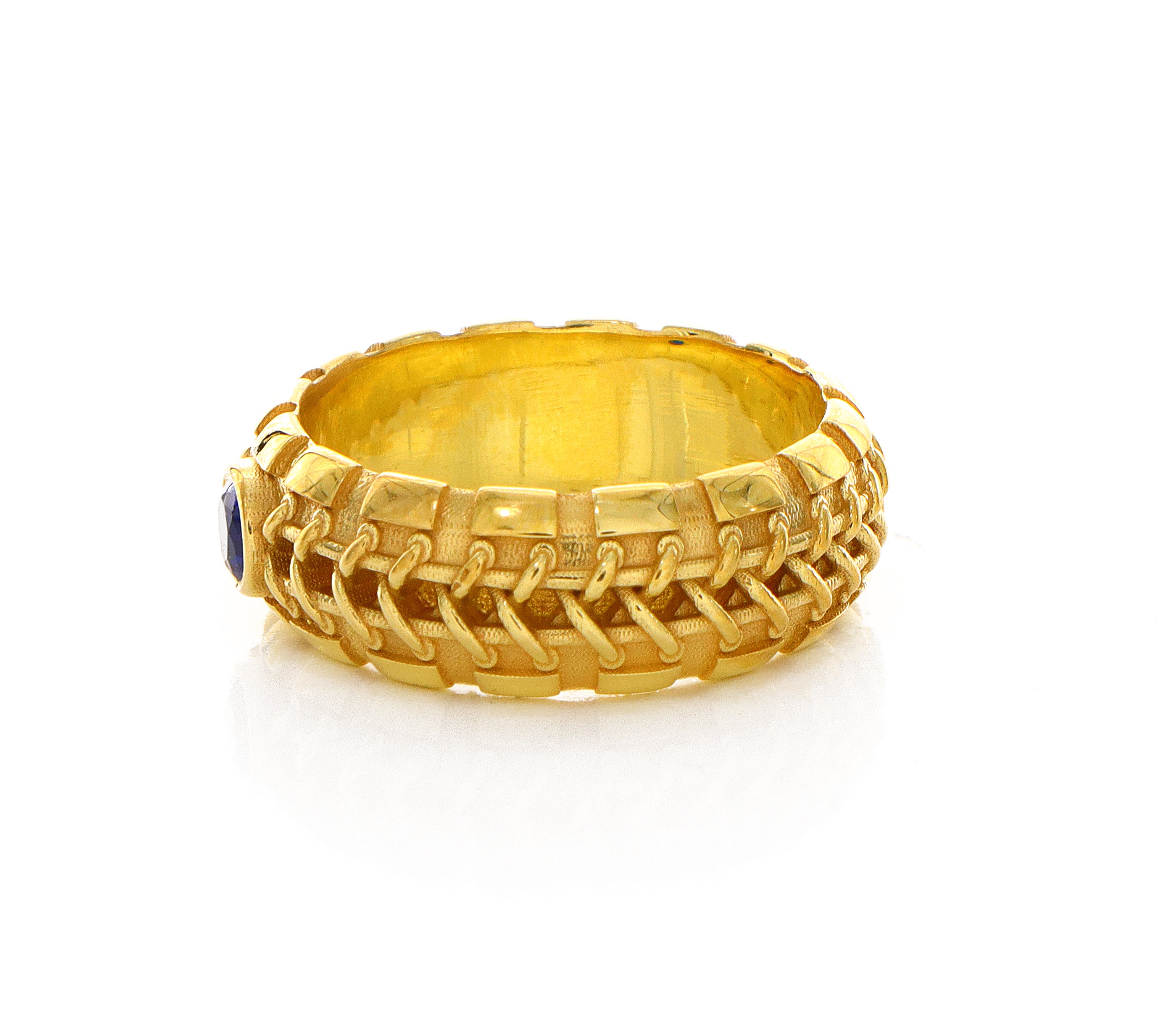 8mm Custom Made, Dome Shaped Solid Yellow Gold Ring with Blue Sapphire and Braids