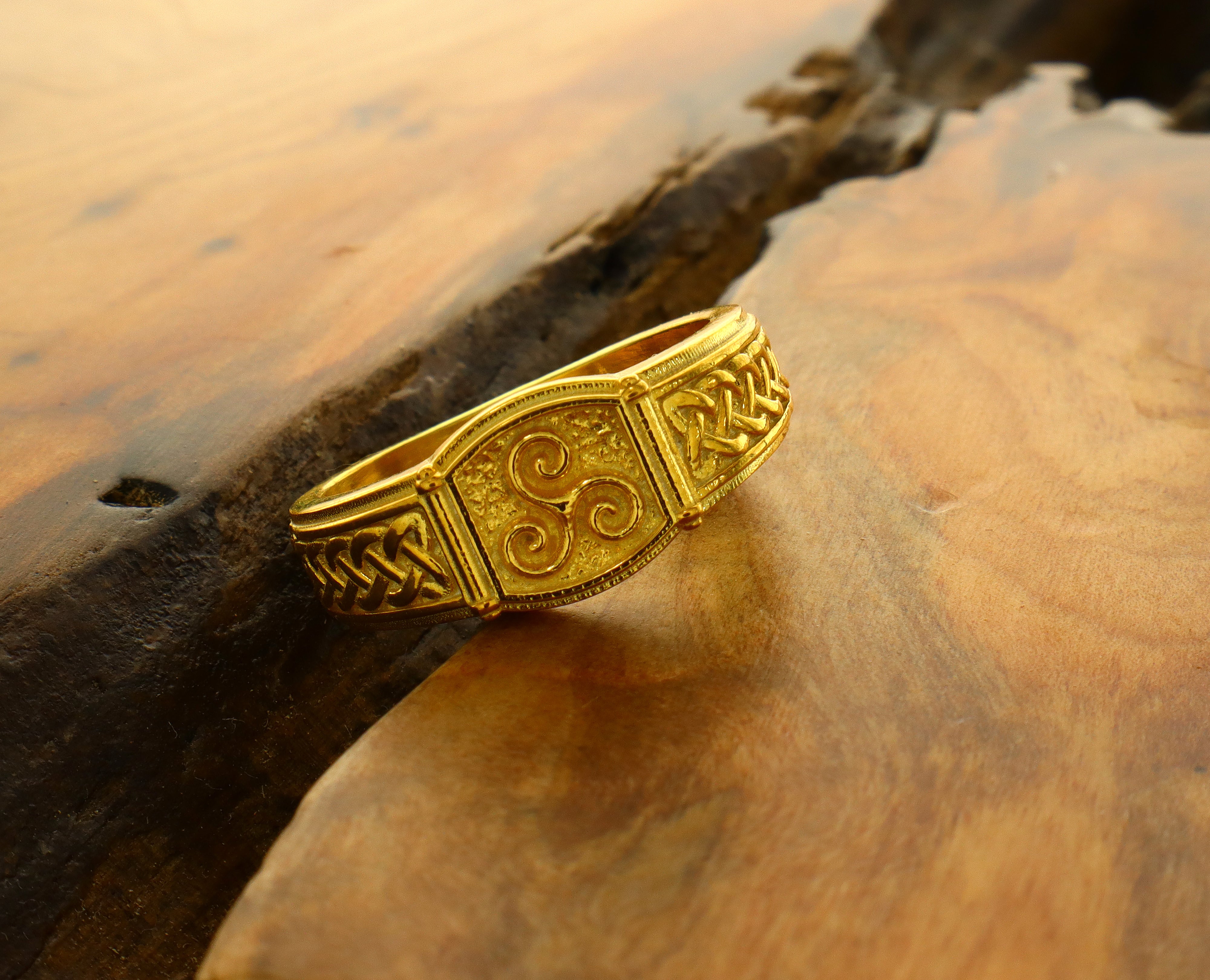 Celtic Triskelion with Braids, 14k Solid Yellow Gold Signet Ring
