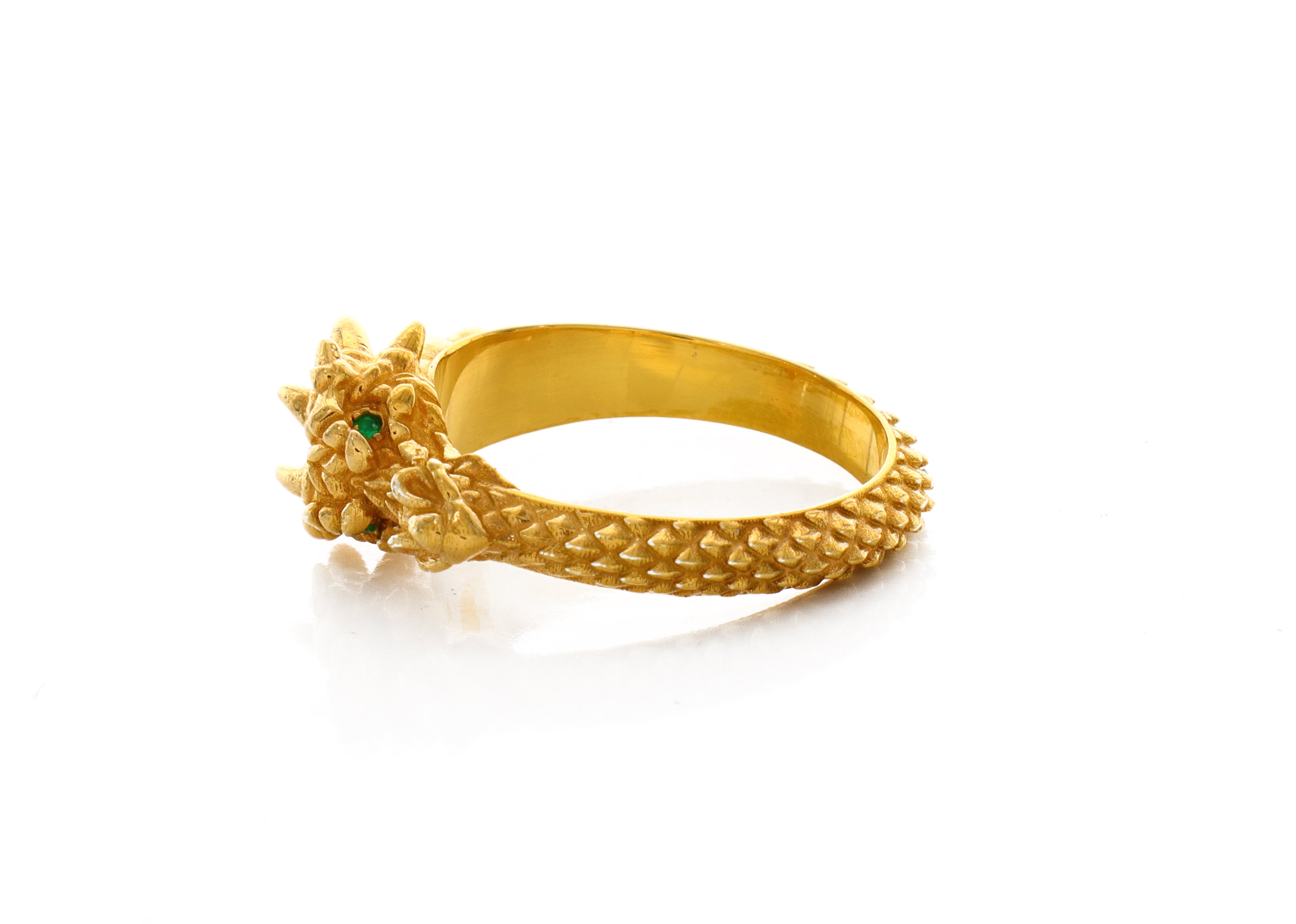 Ouroboros Dragon, Emerald Gemstones, 14k Solid Yellow Gold Ring