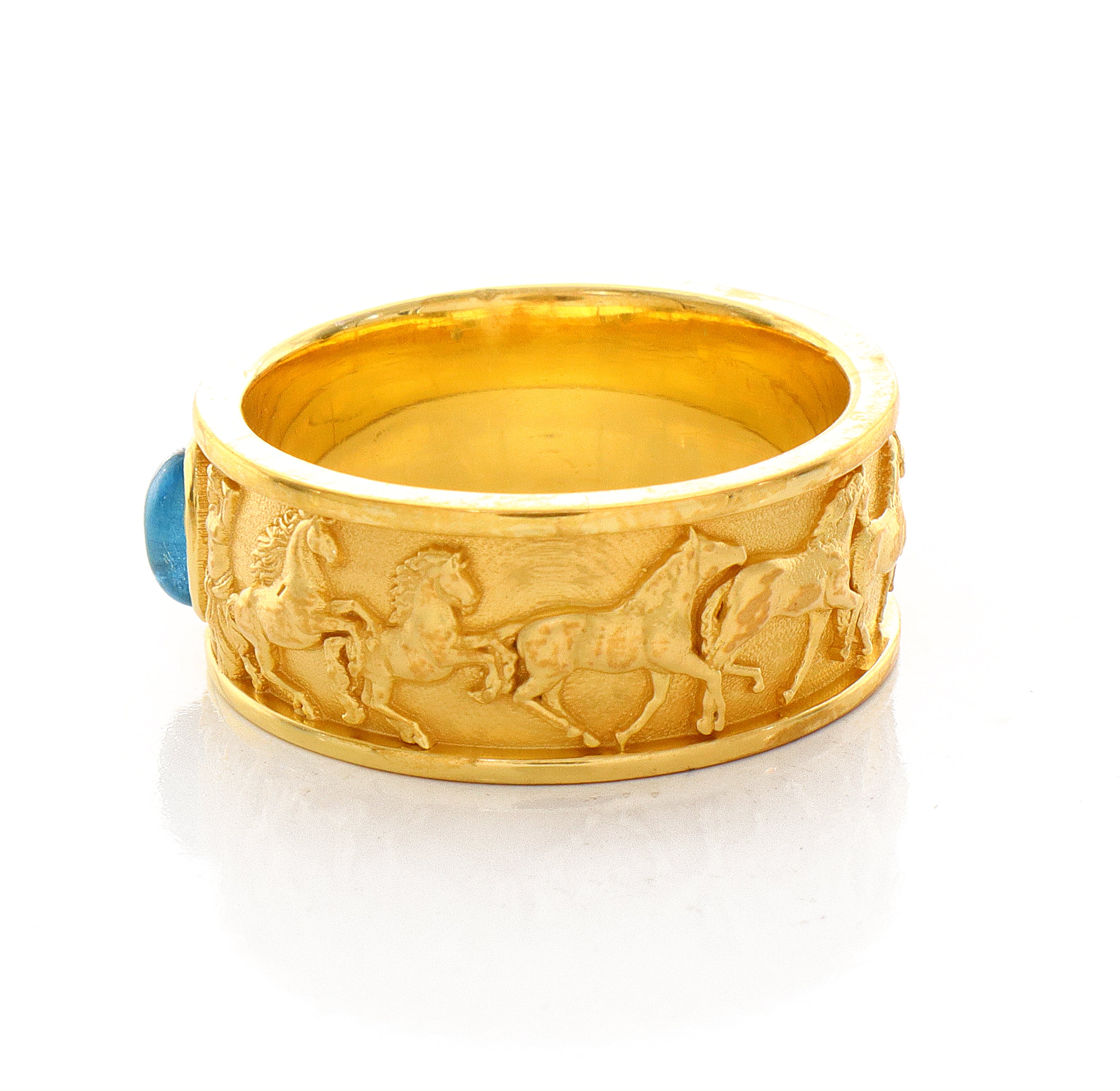 Solid 14k Yellow Gold Signet Ring with Blue Topaz and Symbols of Antiquity