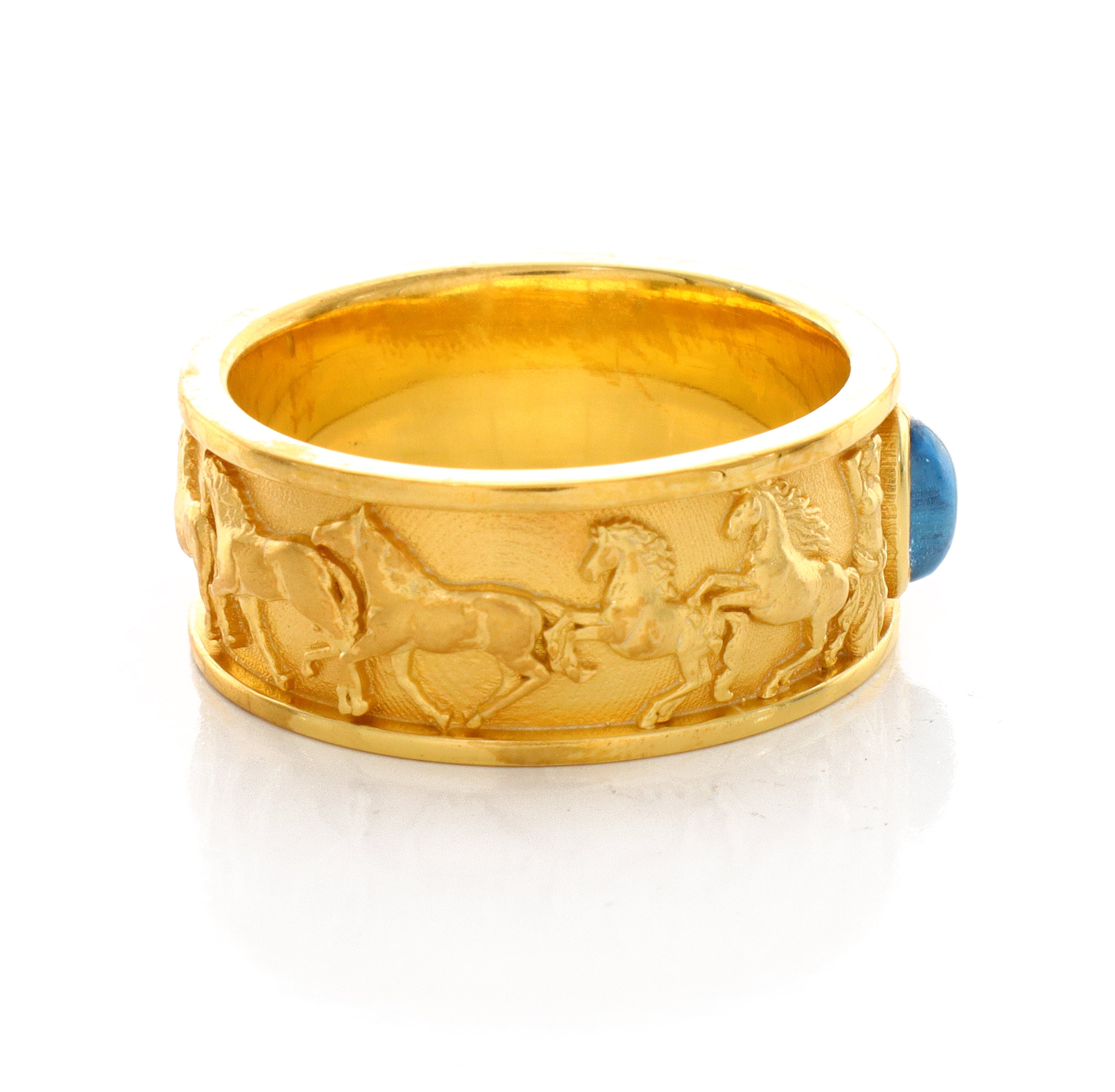 Solid 14k Yellow Gold Signet Ring with Blue Topaz and Symbols of Antiquity
