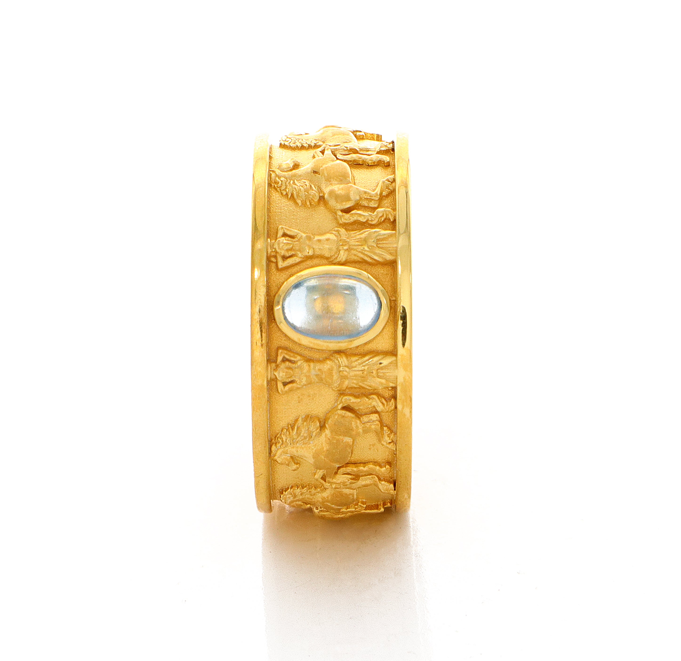 Solid 14k Yellow Gold Signet Ring with Blue Topaz and Symbols of Antiquity