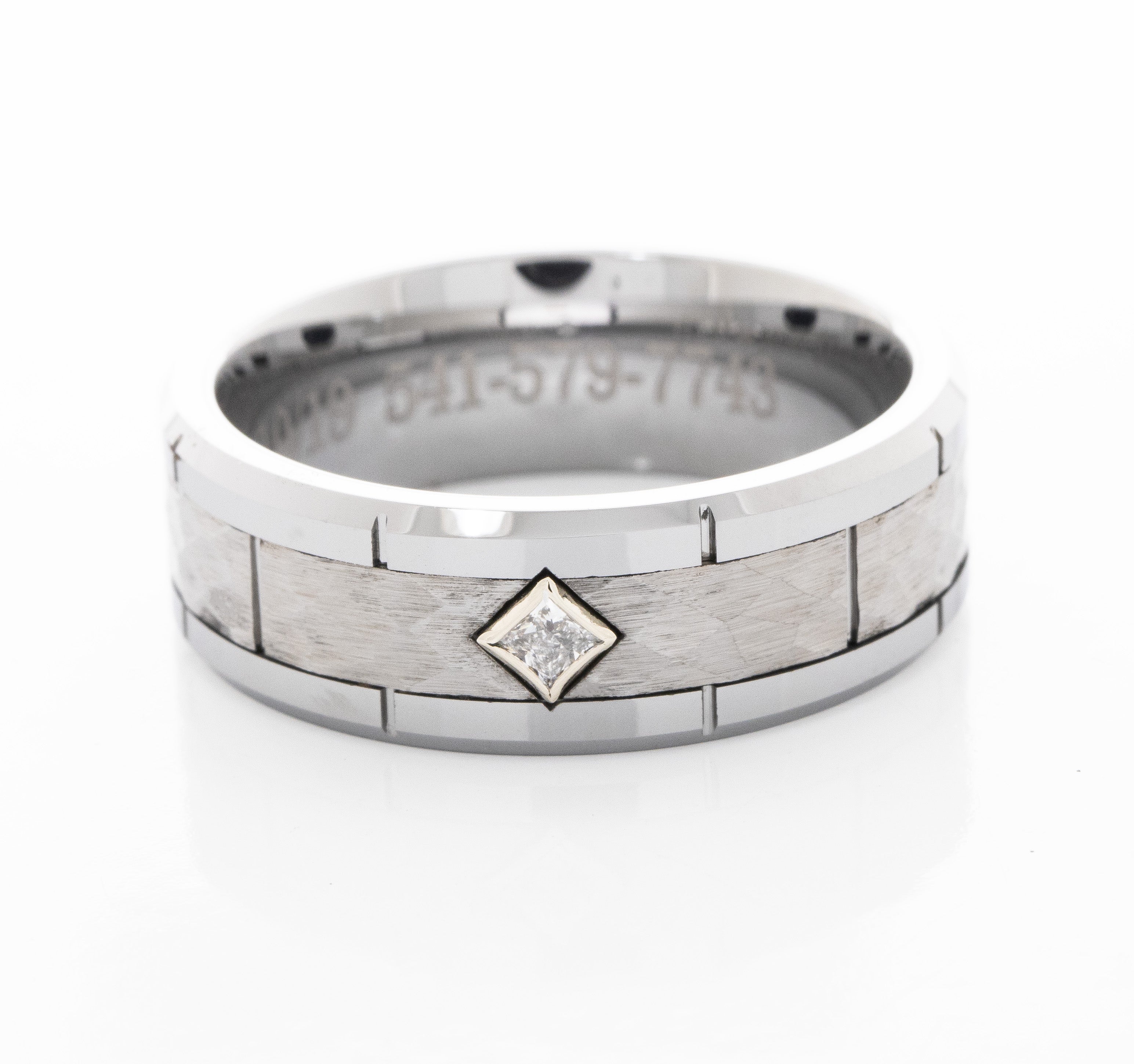 8mm Tungsten Carbide Ring with Notches and Princess Cut Birthstone